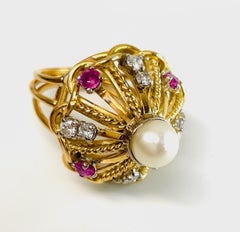 18kt. Ruby Pearl Diamond Crown Ring