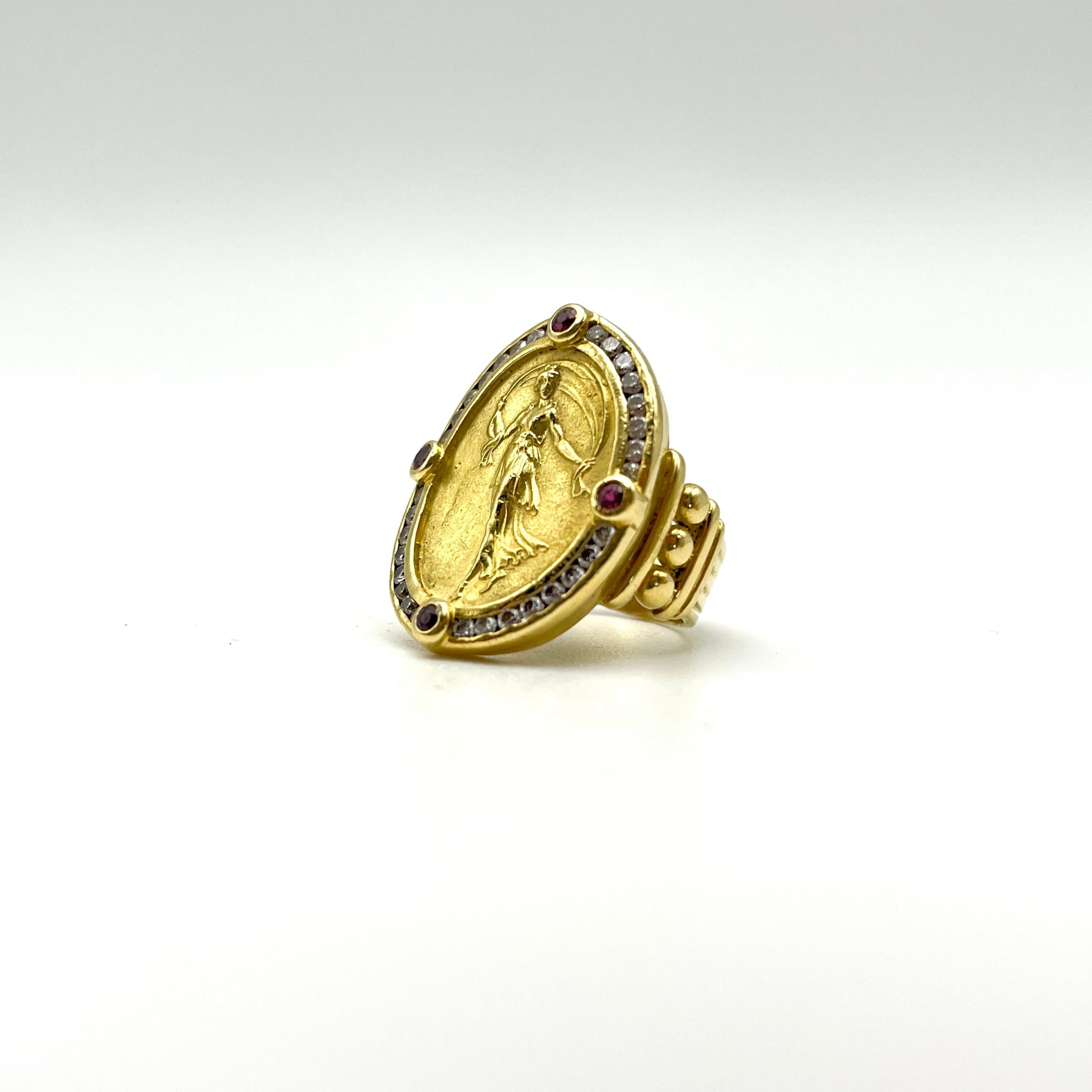 SeidenGang Jewelry is a California-based duo whose designs are inspired by the bas-reliefs of antiquity. This particular ring is set in 18-karat yellow gold and features a relief of the Greek goddess, Athena. She is surrounded by 32, round,