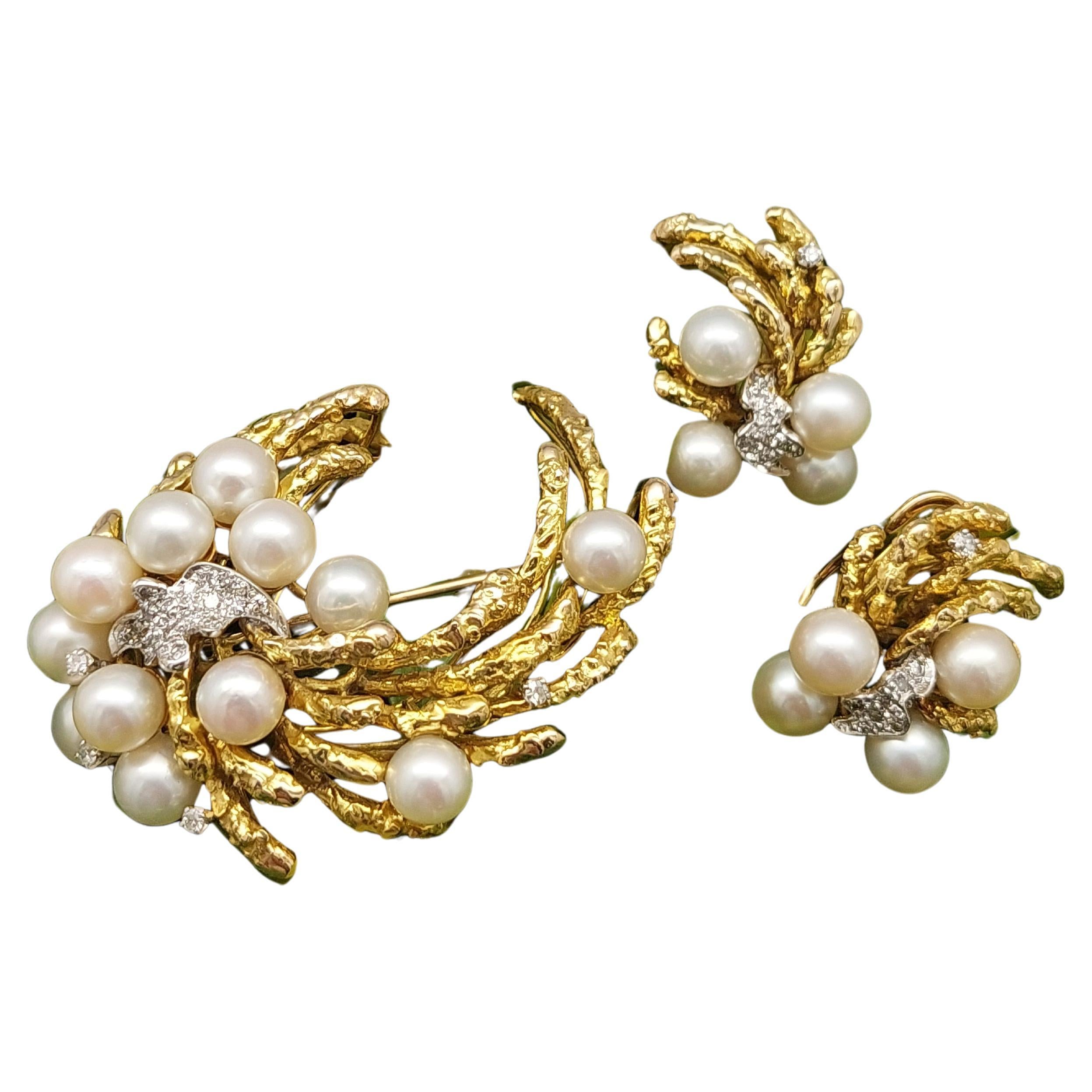 18KT Set of Pearl & Diamond Earrings and Brooch by Fordley