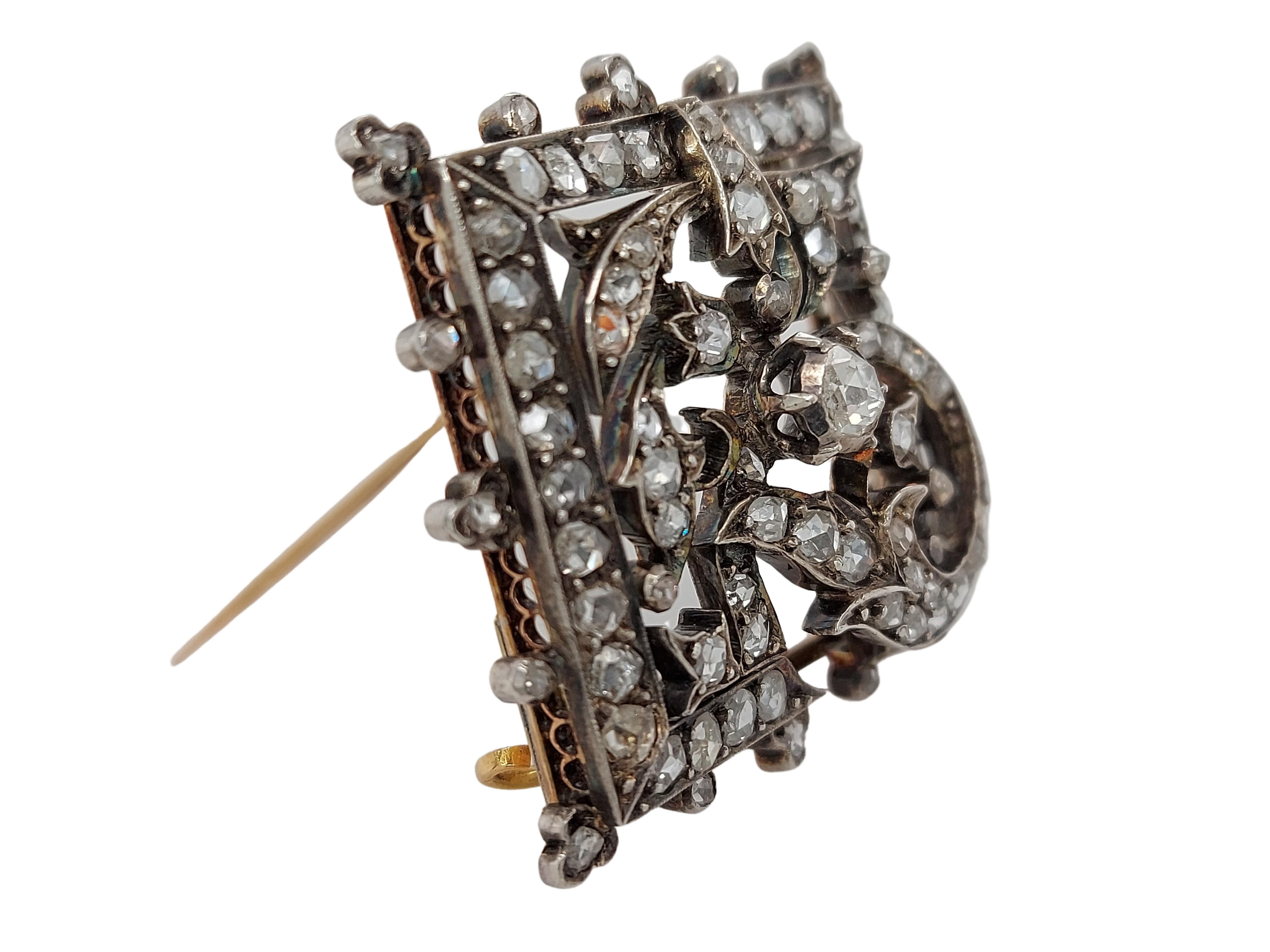 Old European Cut 18kt Silver on Gold Brooch with 2.10 ct Rose Cut Diamonds For Sale