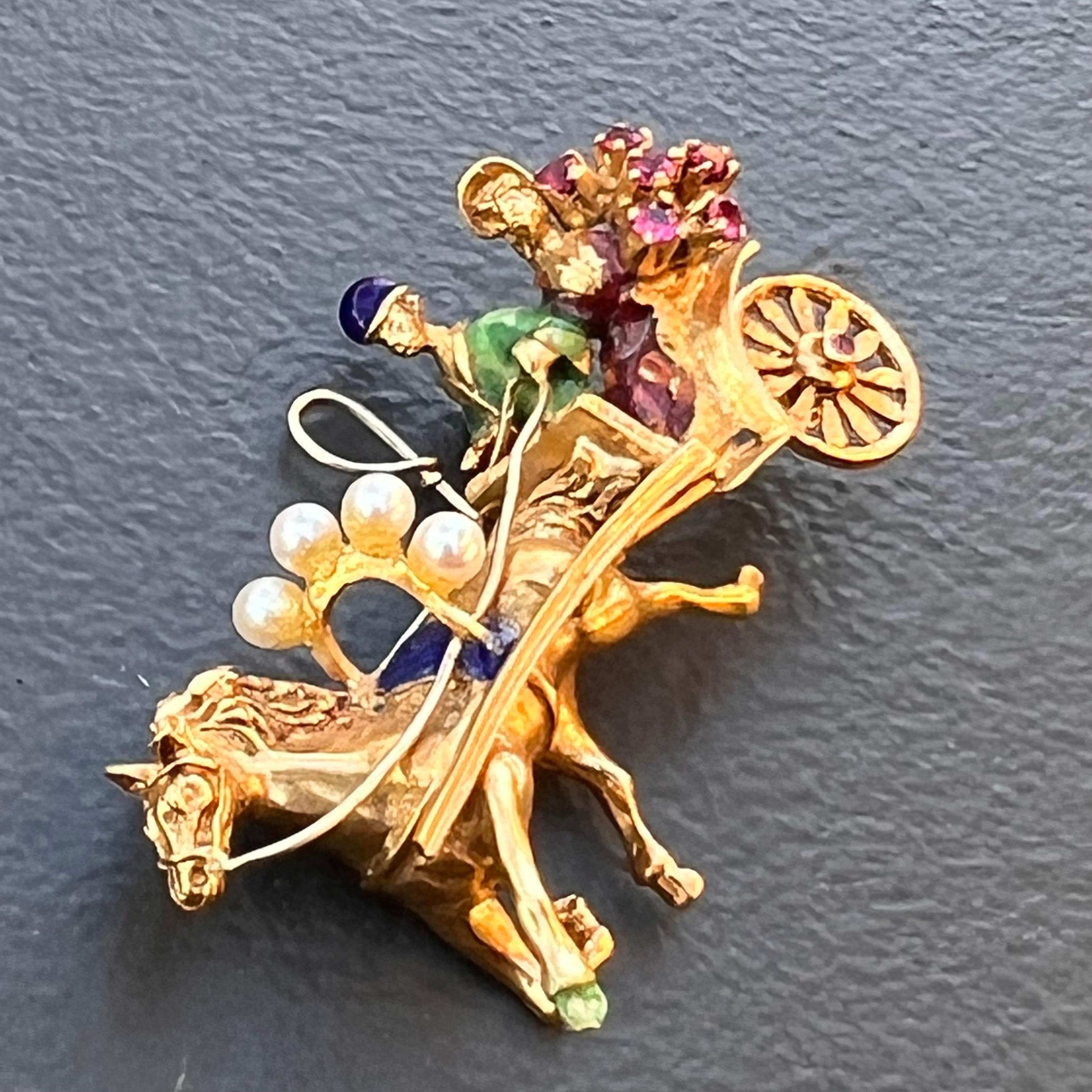 18kt Solid Gold Rubies Newlywed Couple Horse Carriage Brooch For Sale 1