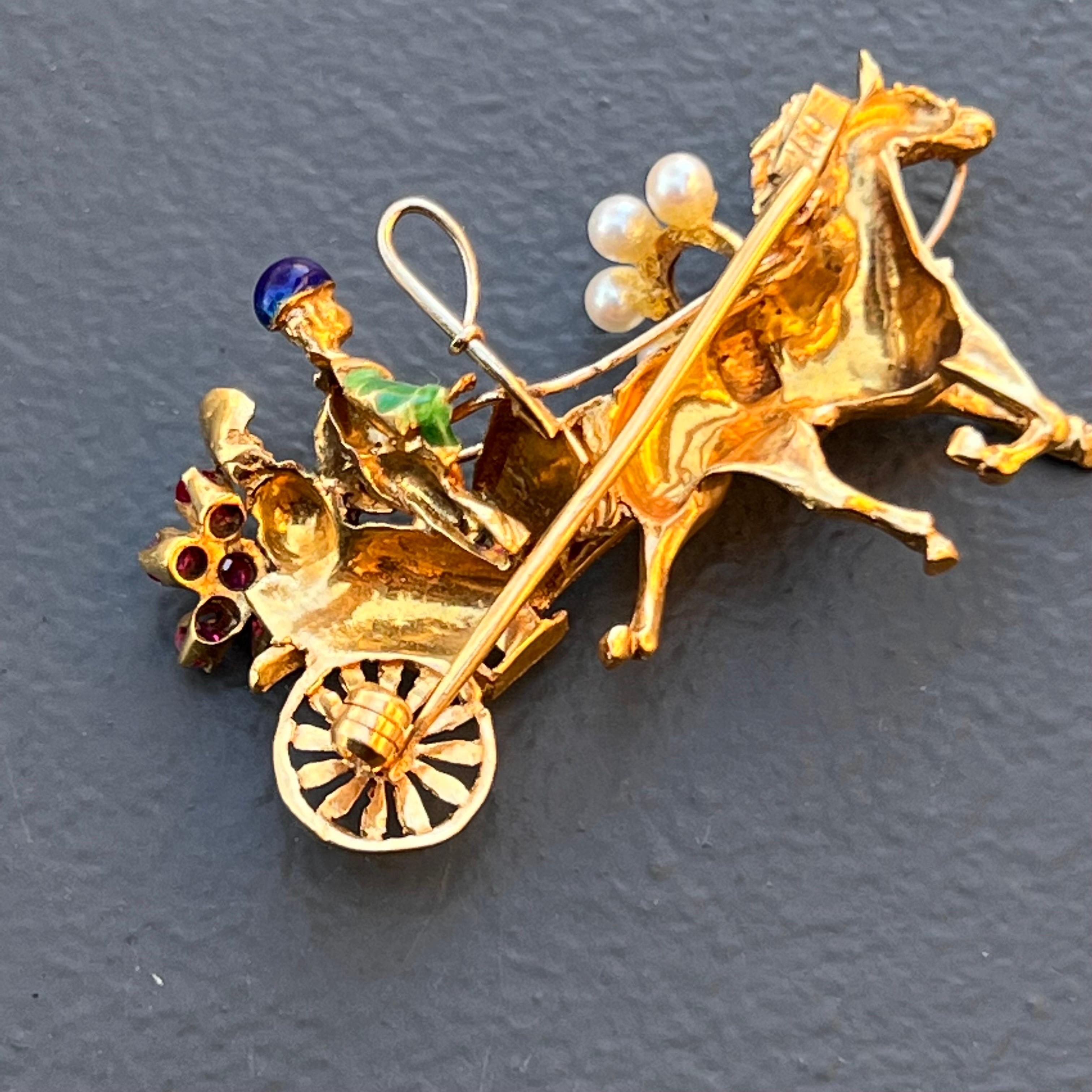 18kt Solid Gold Rubies Newlywed Couple Horse Carriage Brooch For Sale 2