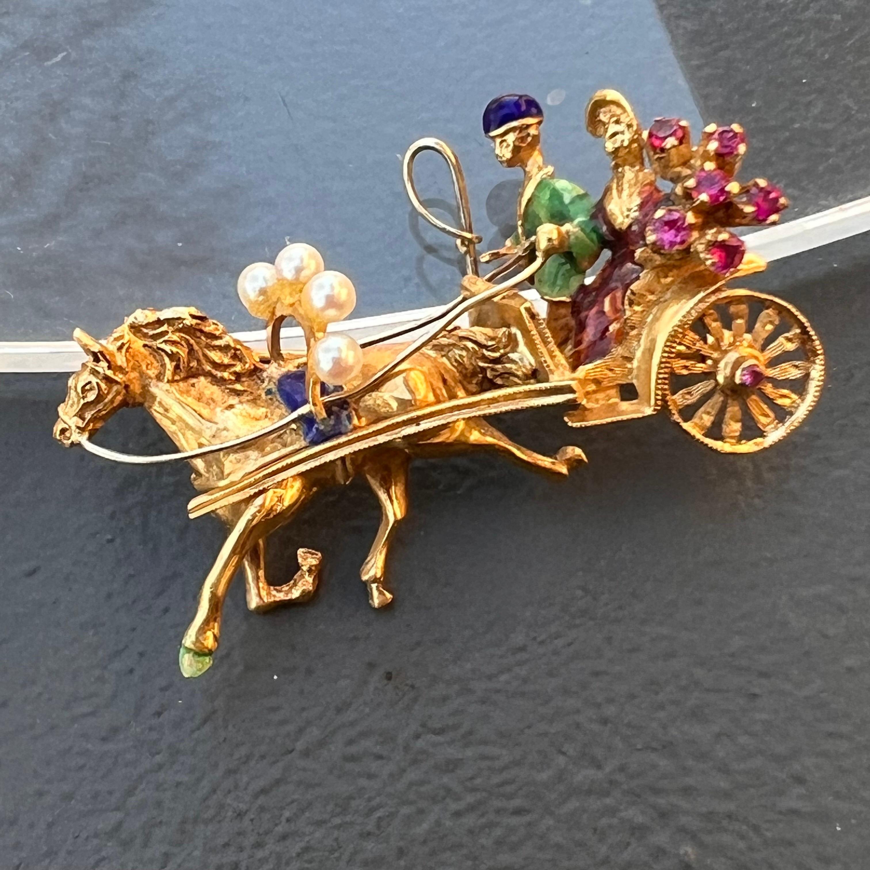 18kt Solid Gold Rubies Newlywed Couple Horse Carriage Brooch For Sale 4