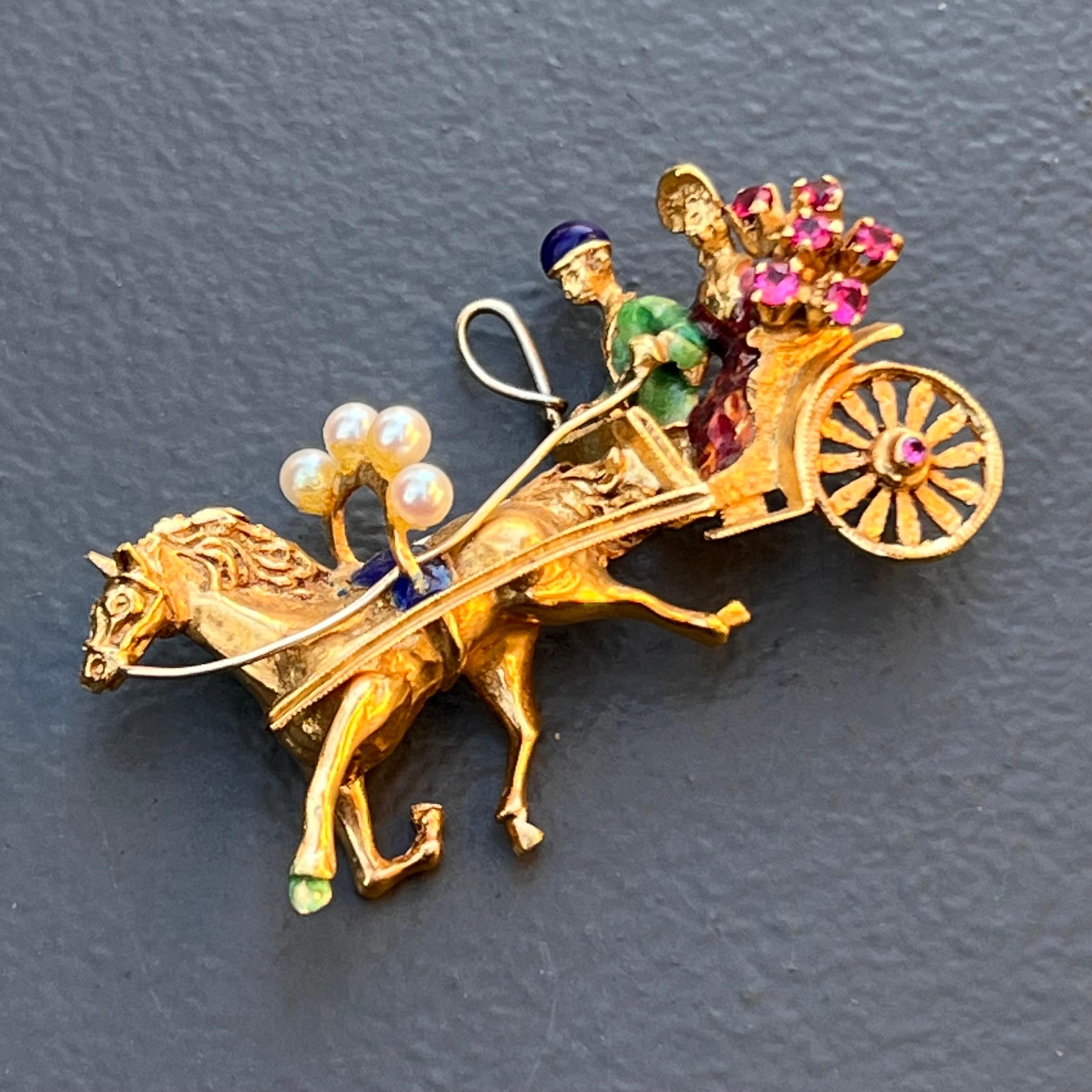 EXTRAORDINARY  Vintage 18kt gold , genuine rubies and cultured pearls ,newlywed couple pin /brooch The newly weds are sitting in an horse carriage with beautiful details , groom and bride has light enamel work and she is holding a flower bouquet