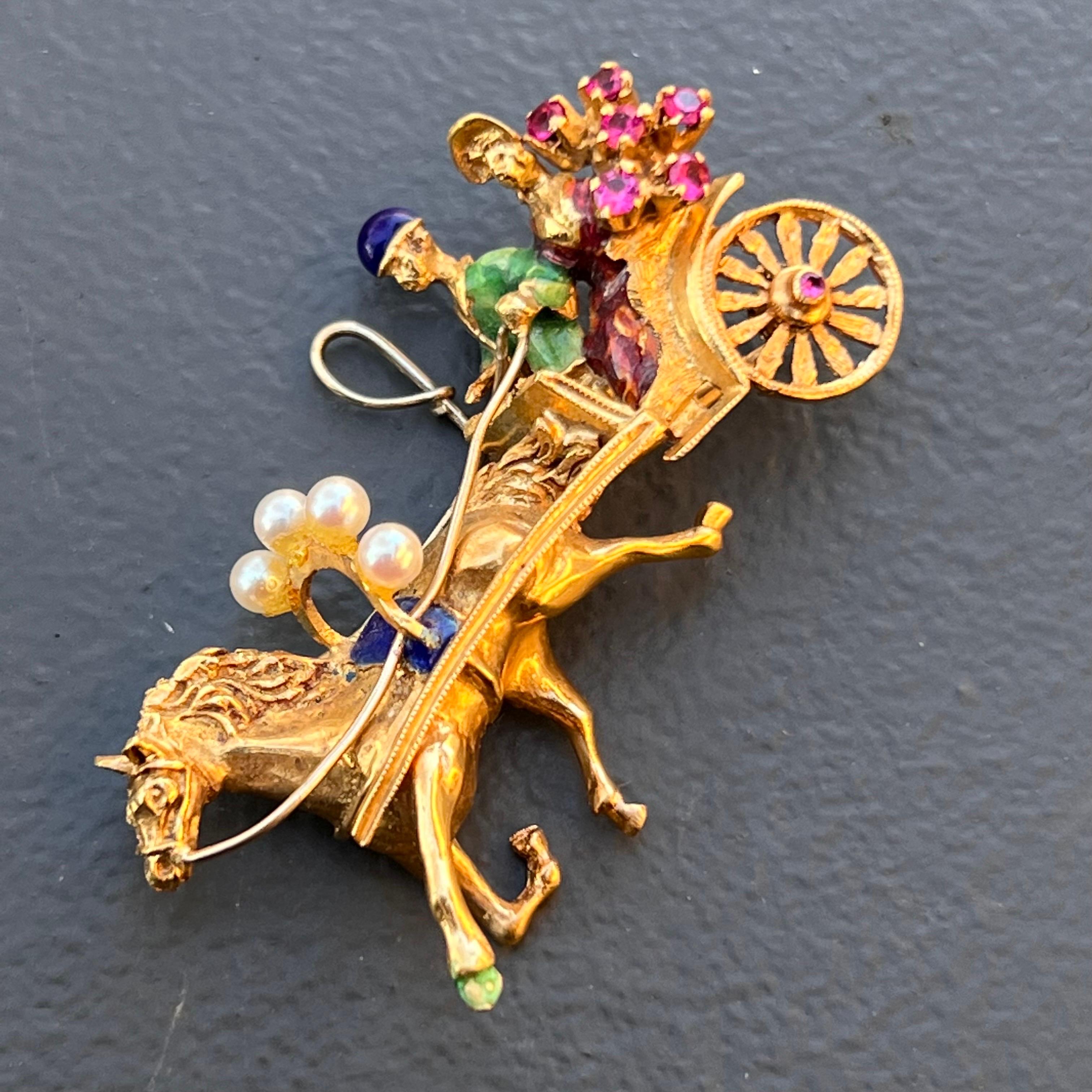 Round Cut 18kt Solid Gold Rubies Newlywed Couple Horse Carriage Brooch For Sale