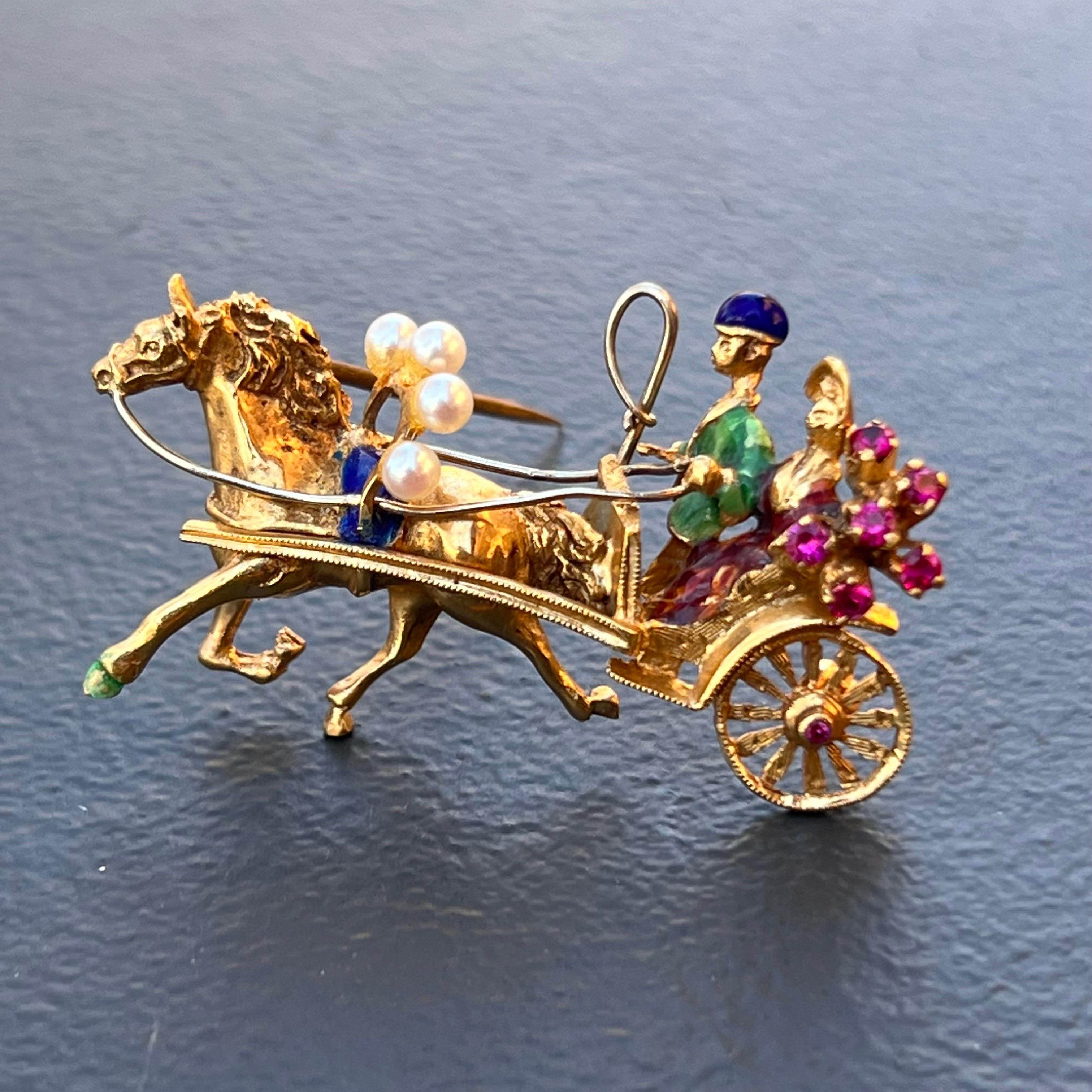 Women's 18kt Solid Gold Rubies Newlywed Couple Horse Carriage Brooch For Sale