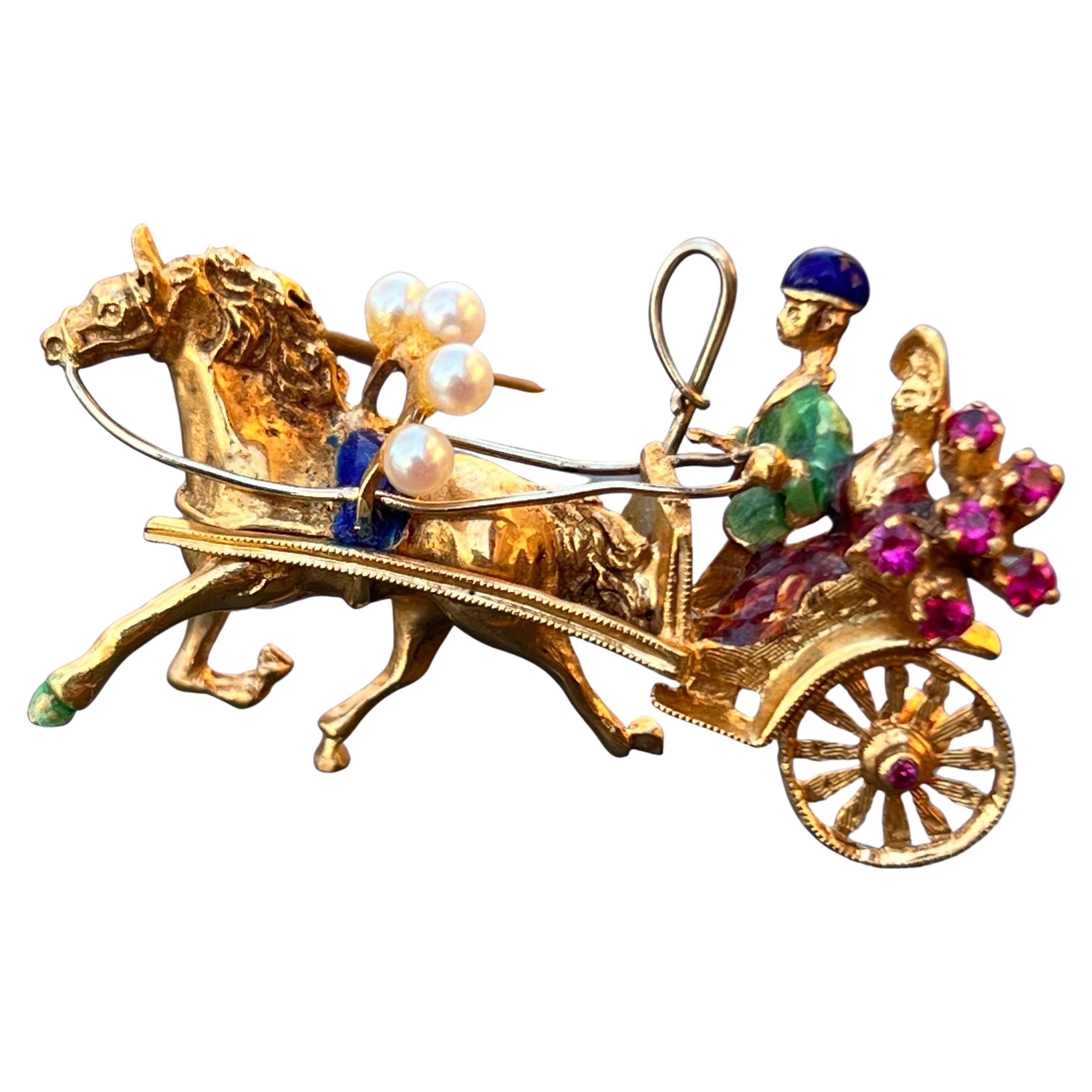 18kt Solid Gold Rubies Newlywed Couple Horse Carriage Brooch For Sale