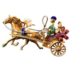 18kt Solid Gold Rubies Newlywed Couple Horse Carriage Brooch