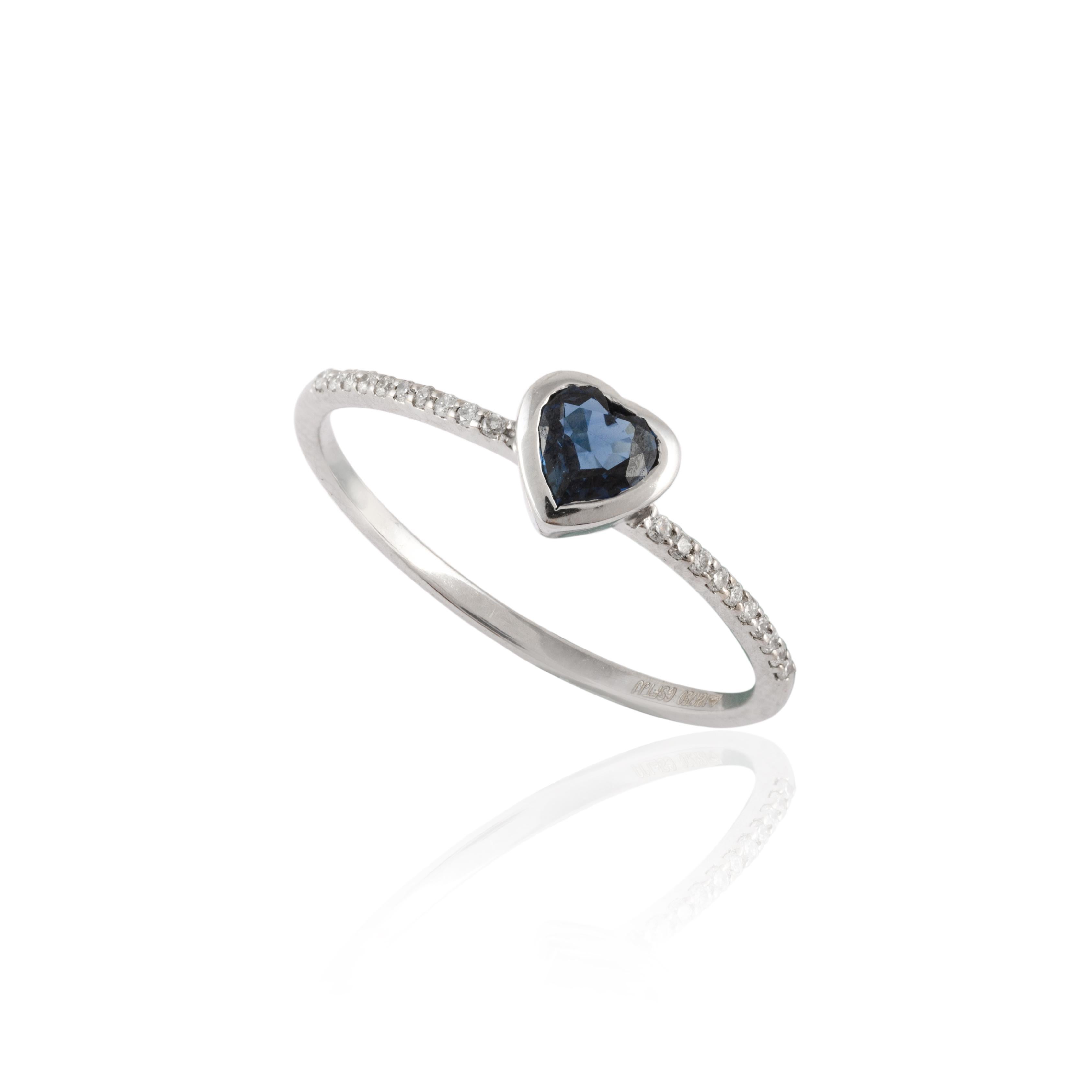For Sale:  18 Karat Solid White Gold Dainty Blue Sapphire Heart Promise Ring with Diamonds 8