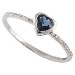 18 Karat Solid White Gold Dainty Blue Sapphire Heart Promise Ring with Diamonds