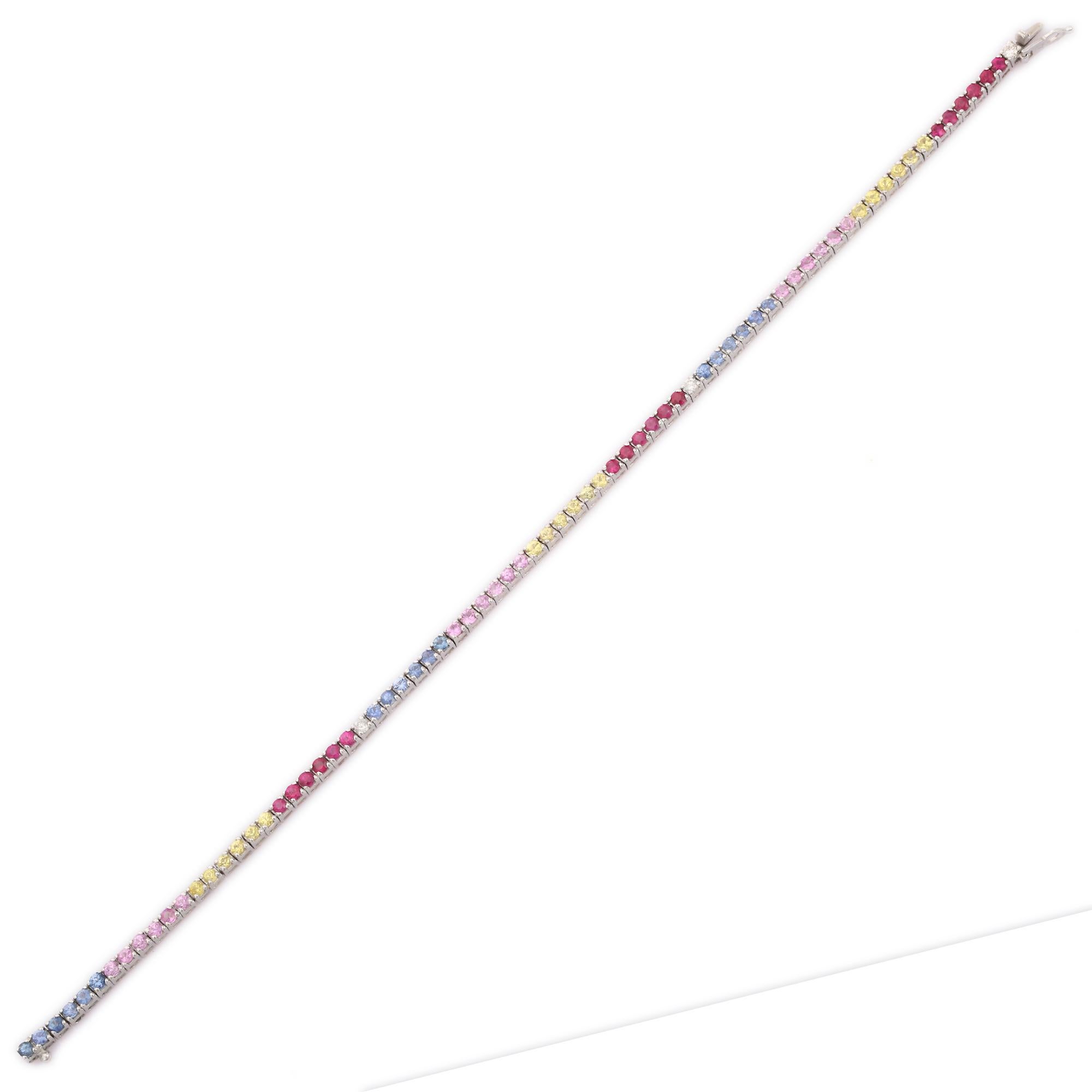 Art Nouveau 18kt Solid White Gold Genuine Multi Sapphire Tennis Bracelet For Women For Sale