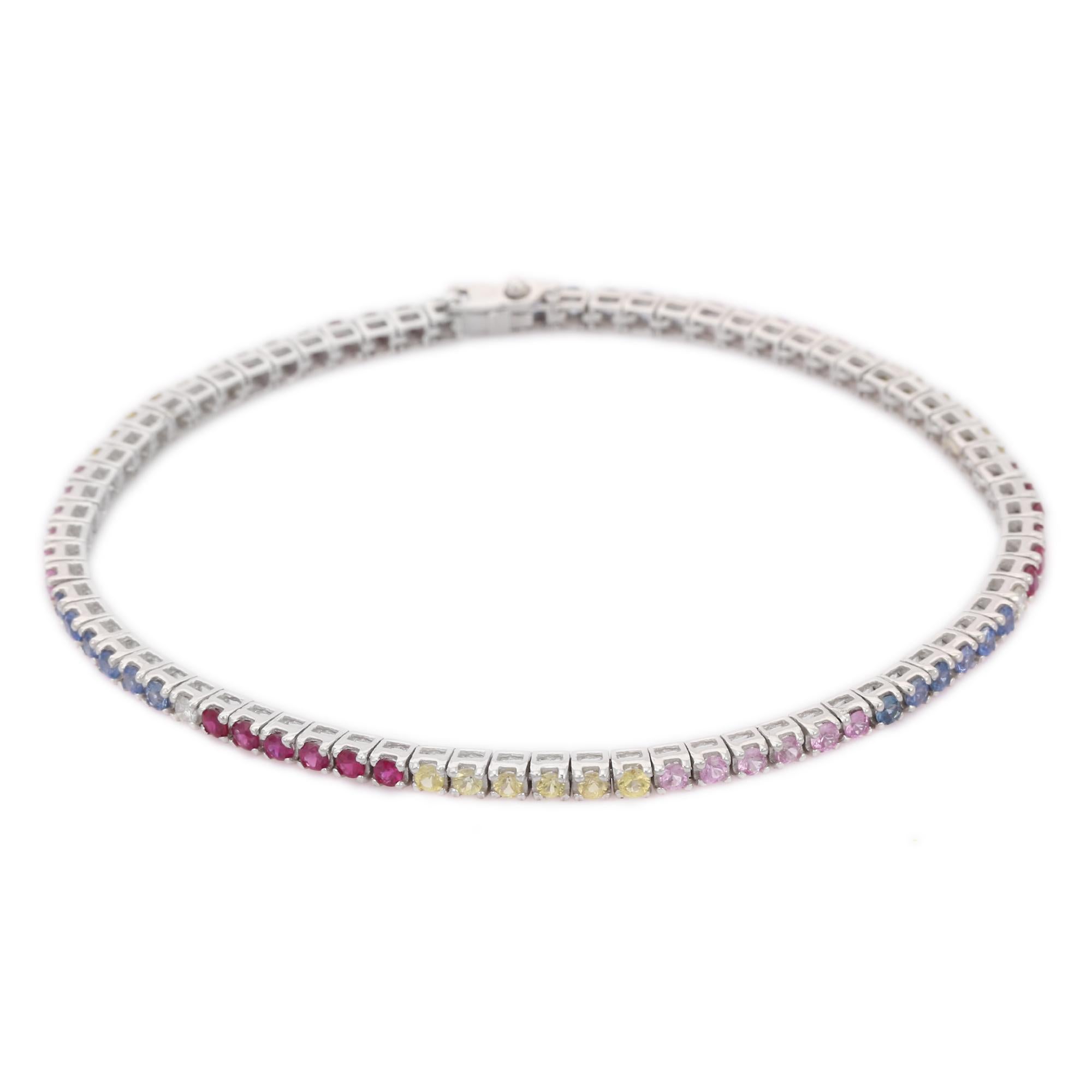 Women's 18kt Solid White Gold Genuine Multi Sapphire Tennis Bracelet For Women For Sale