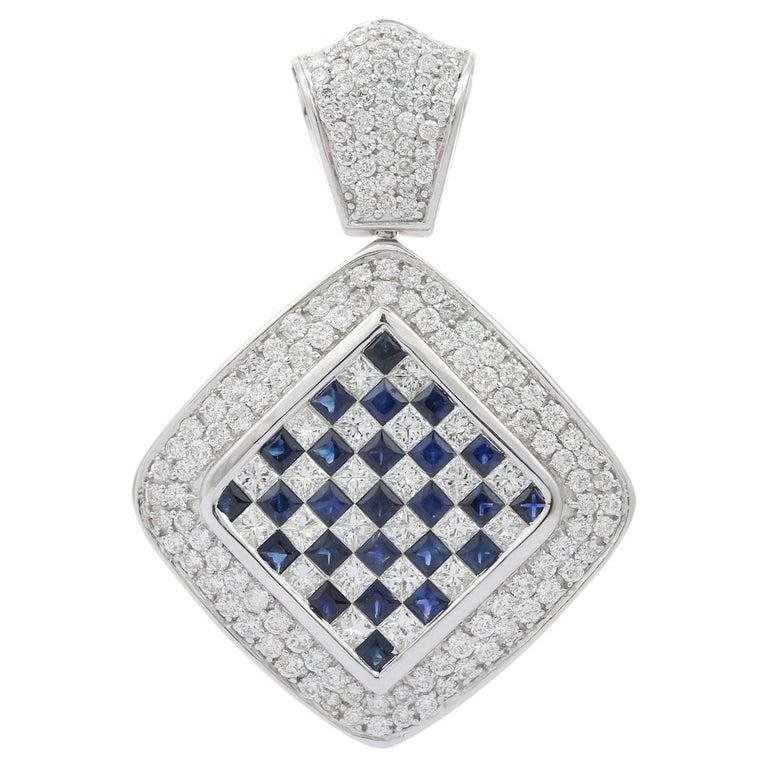 18kt Solid White Gold Sapphire Diamond Checkerboard Pendant For Sale 4