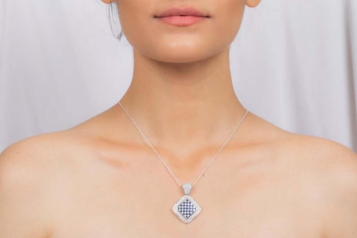 Women's 18kt Solid White Gold Sapphire Diamond Checkerboard Pendant For Sale