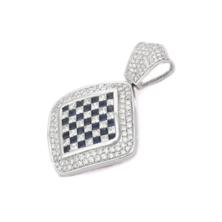 18kt Solid White Gold Sapphire Diamond Checkerboard Pendant For Sale 1