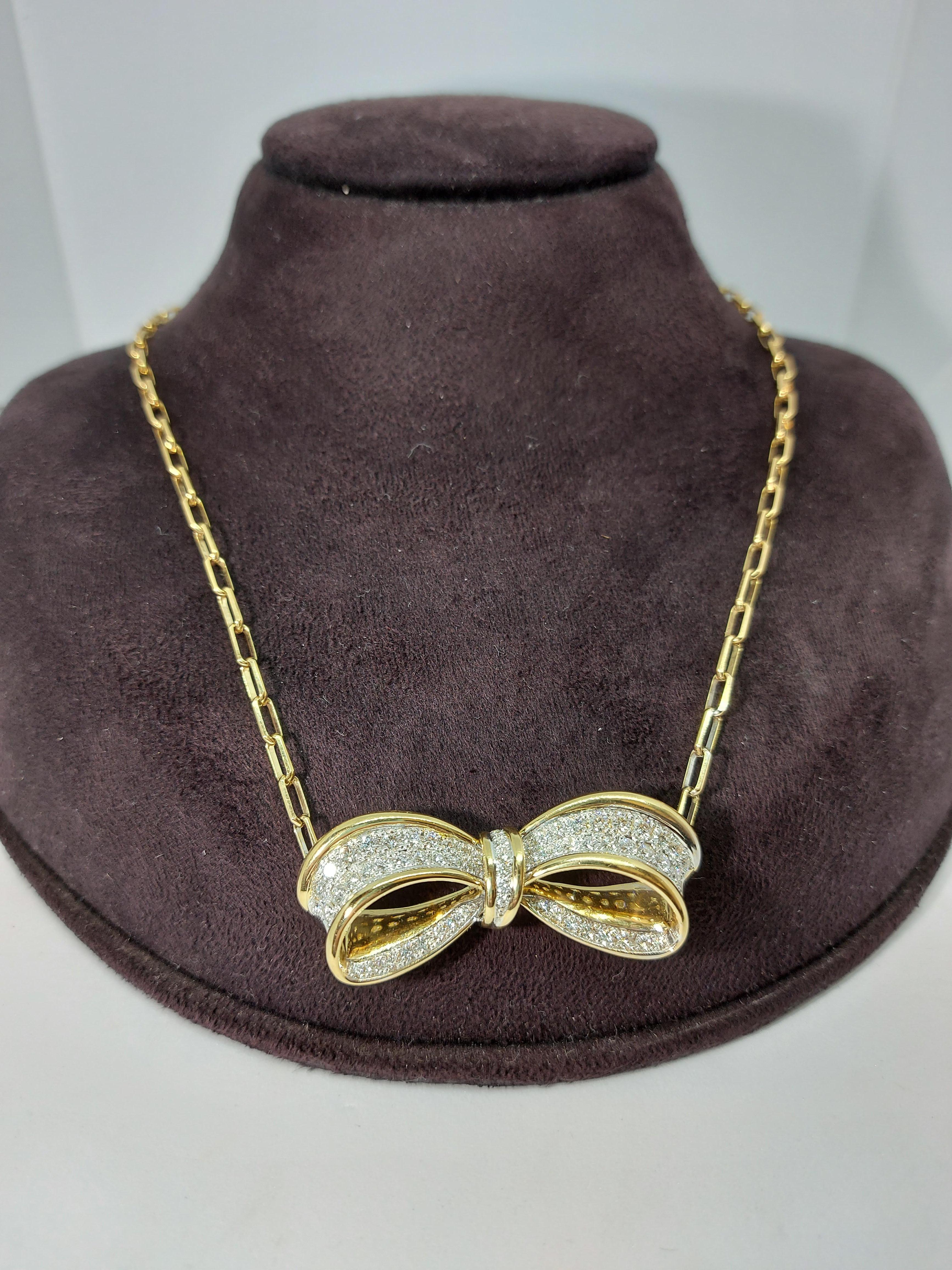 18 Karat Solid Yellow and White Gold Bow Necklace with Diamonds 3