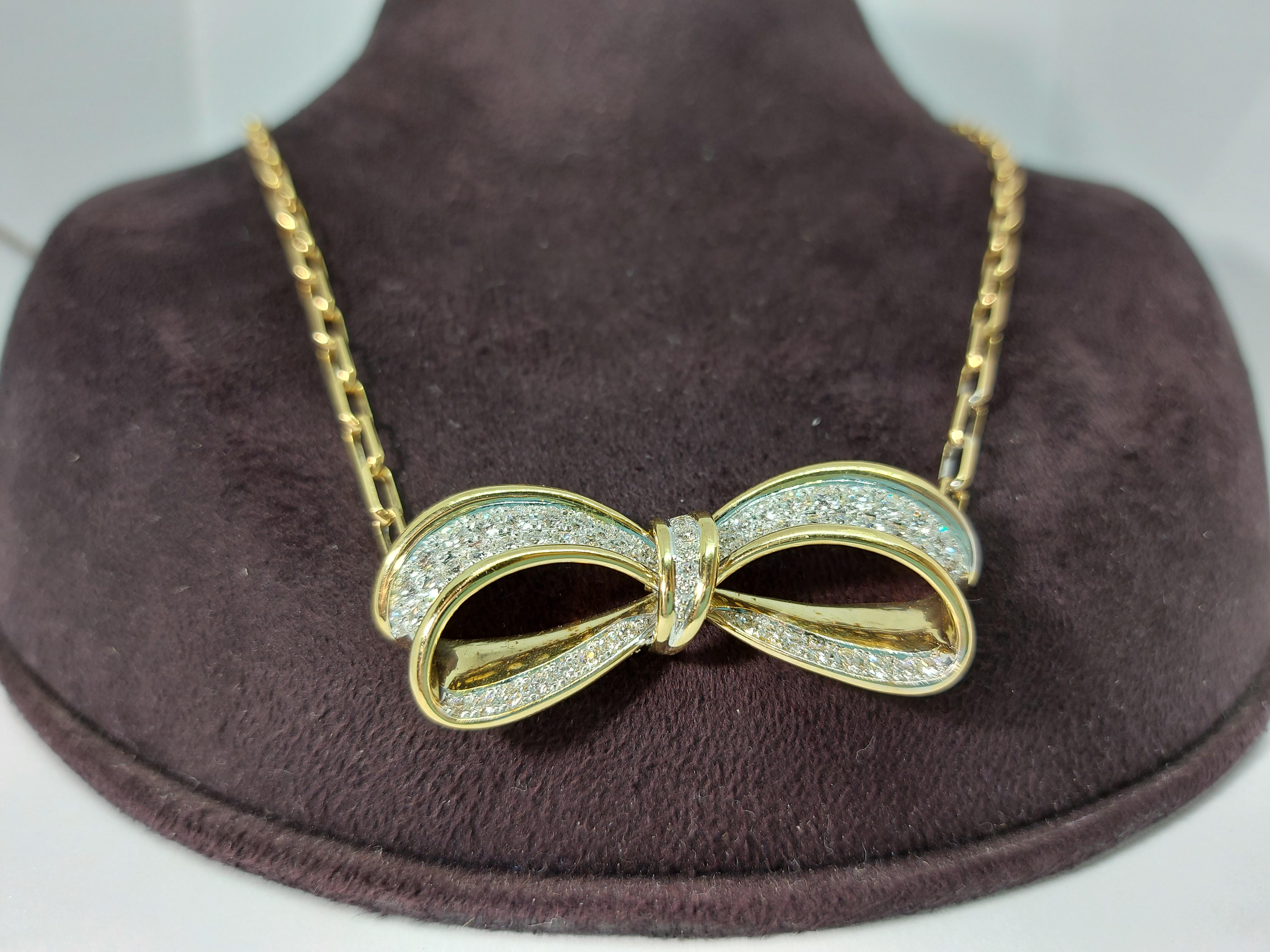 18 Karat Solid Yellow and White Gold Bow Necklace with Diamonds 4