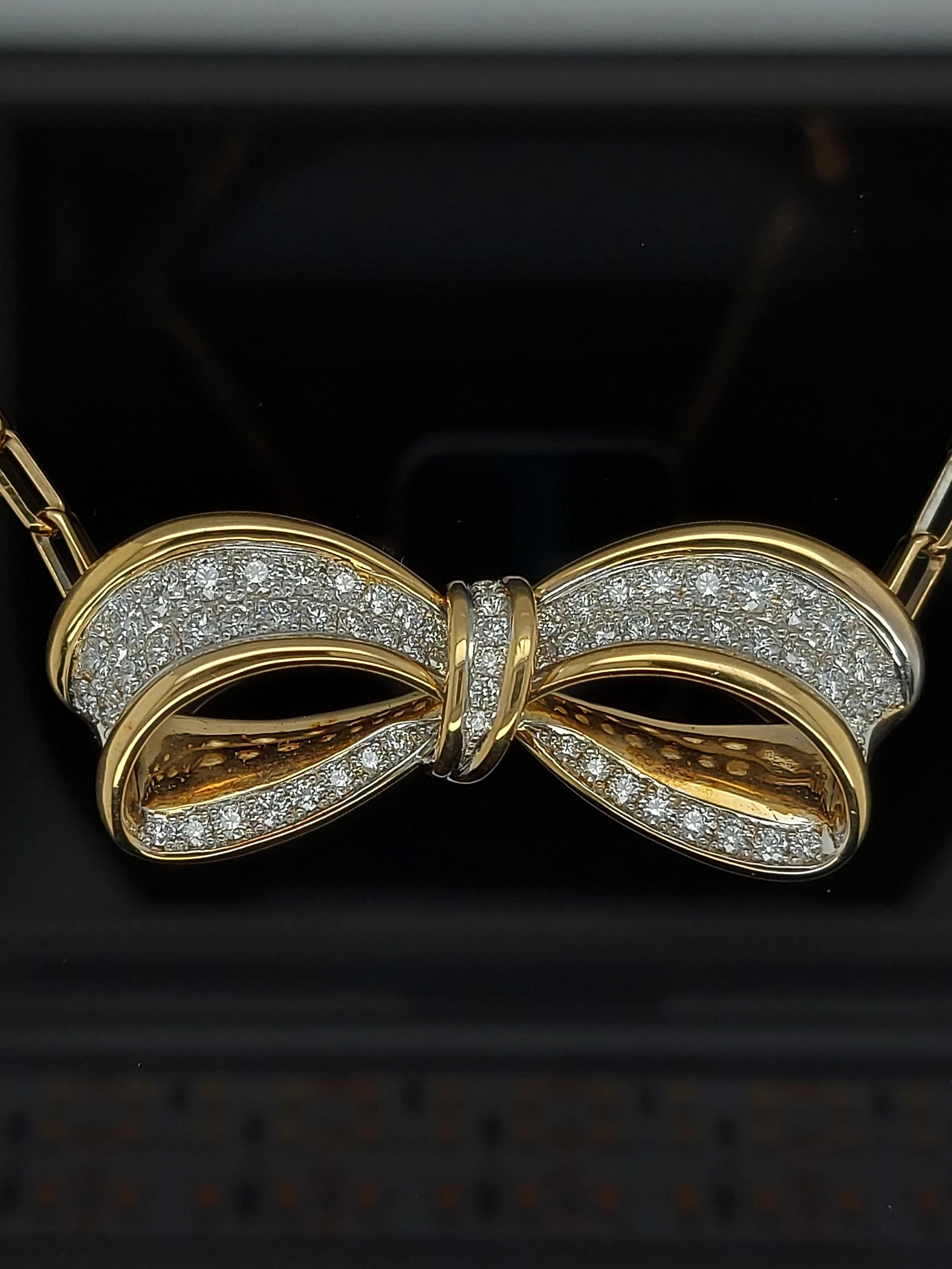 18 Karat Solid Yellow and White Gold Bow Necklace with Diamonds 5