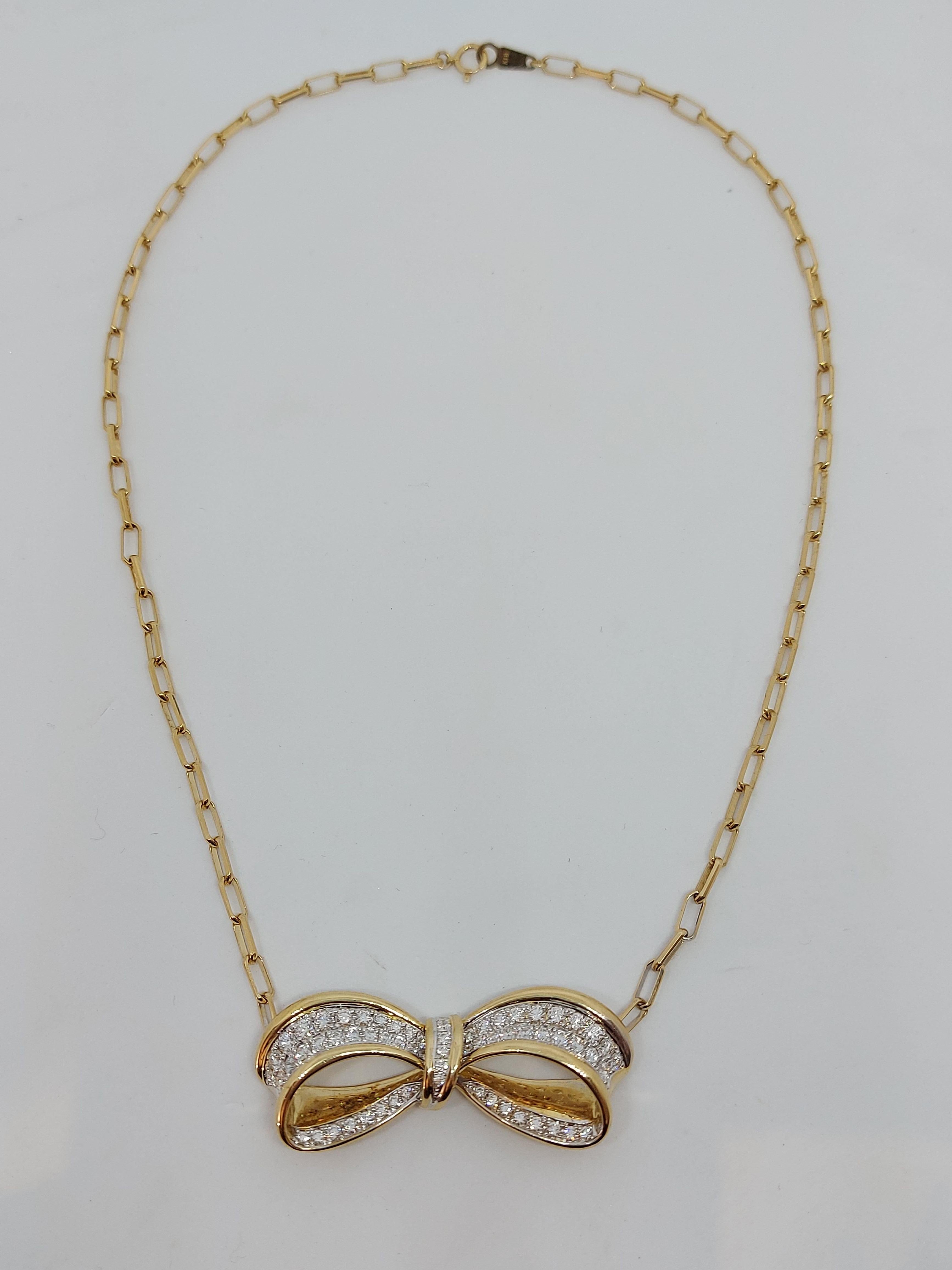 18 Karat Solid Yellow and White Gold Bow Necklace with Diamonds 6