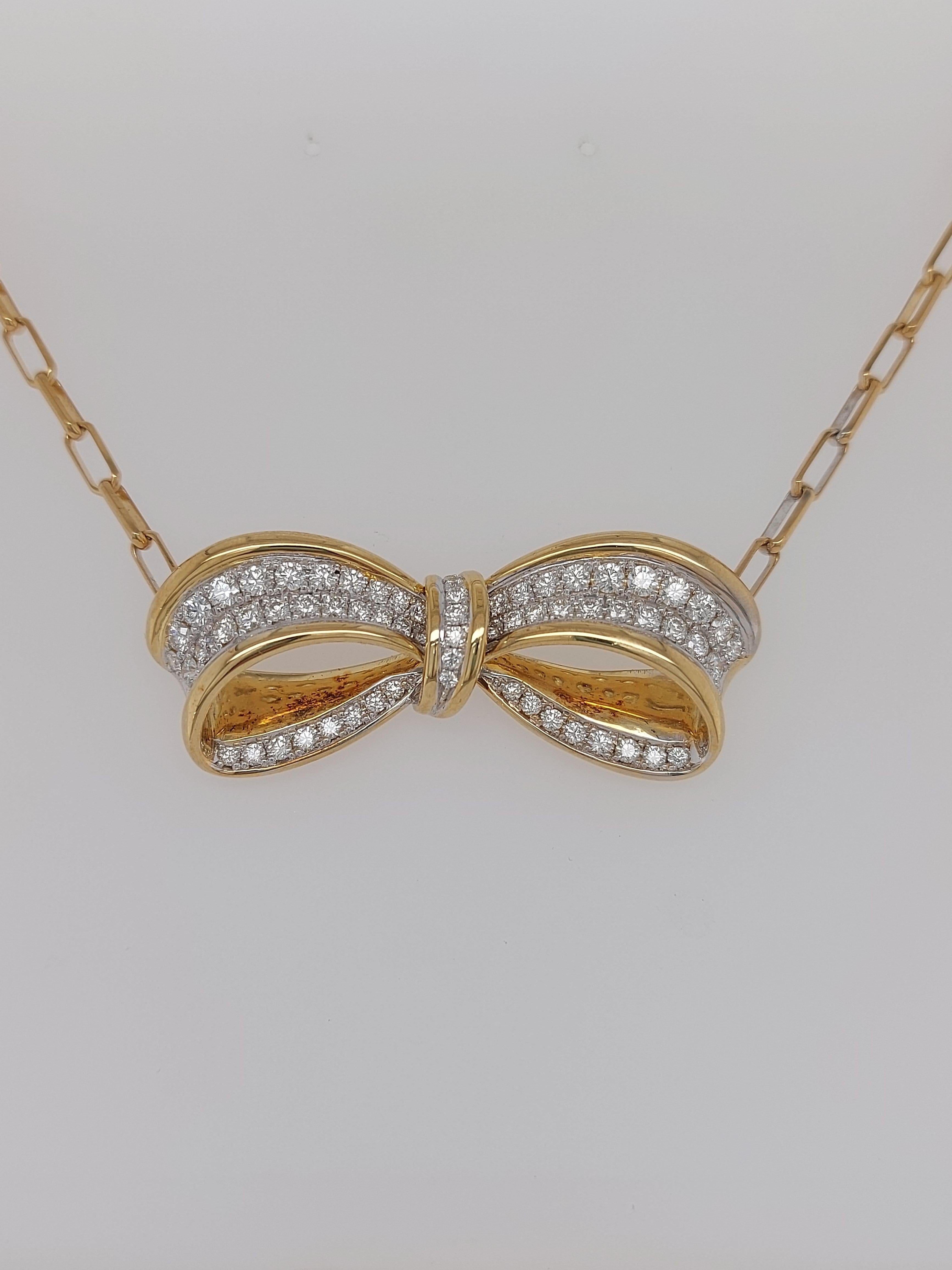 Artisan 18 Karat Solid Yellow and White Gold Bow Necklace with Diamonds
