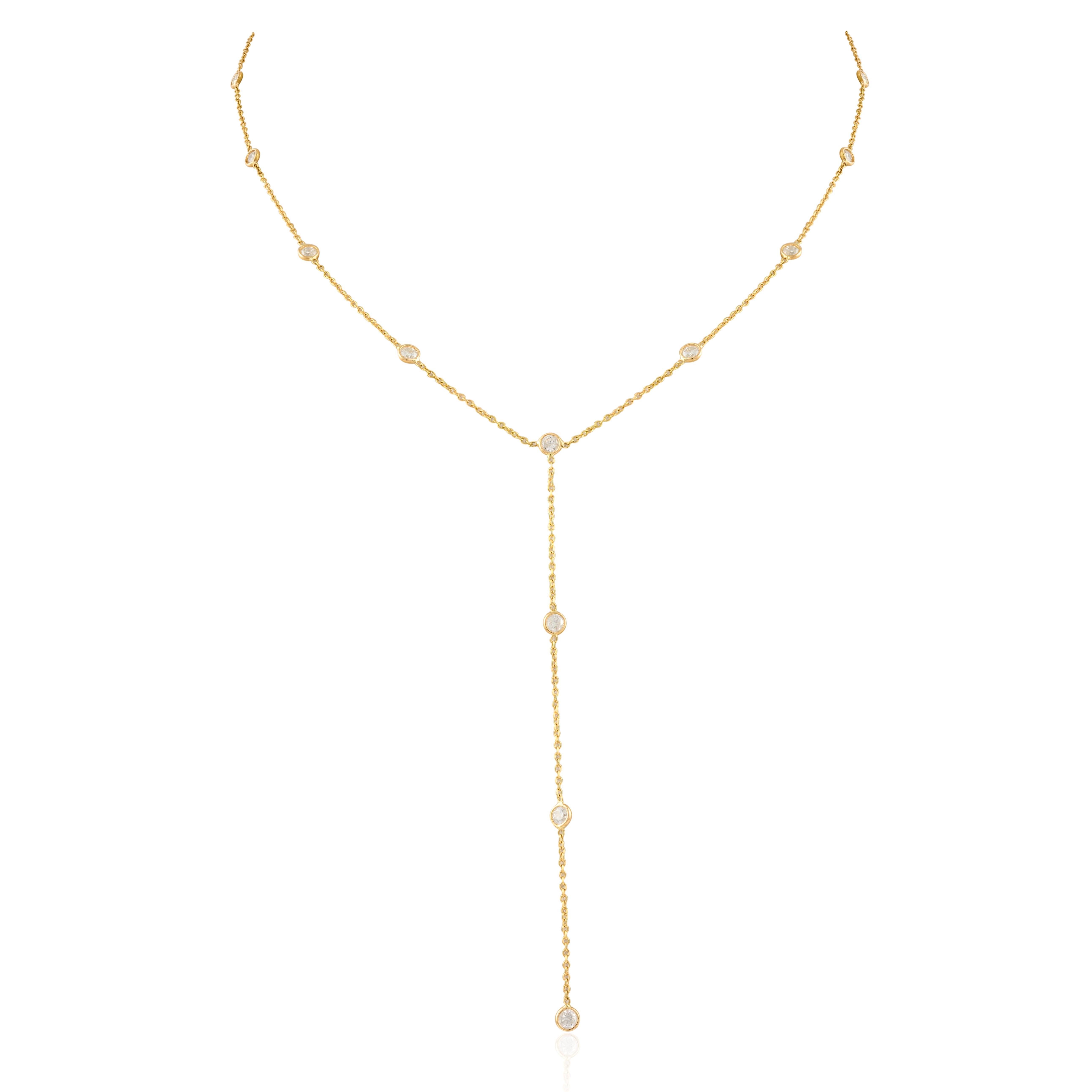 Round Cut 18kt Solid Yellow Gold 1 CTW Diamond Lariat Necklace, Gift For Her Christmas For Sale