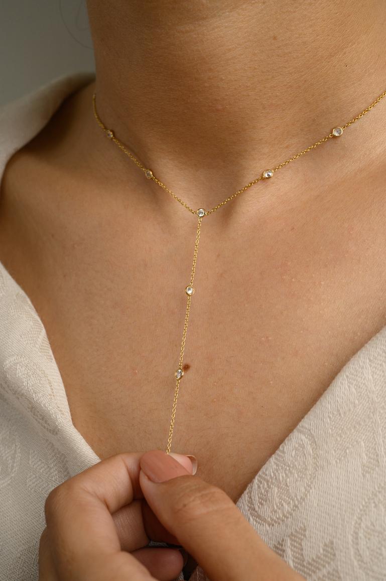 18kt Solid Yellow Gold 1 CTW Diamond Lariat Necklace, Gift For Her Christmas In New Condition For Sale In Houston, TX