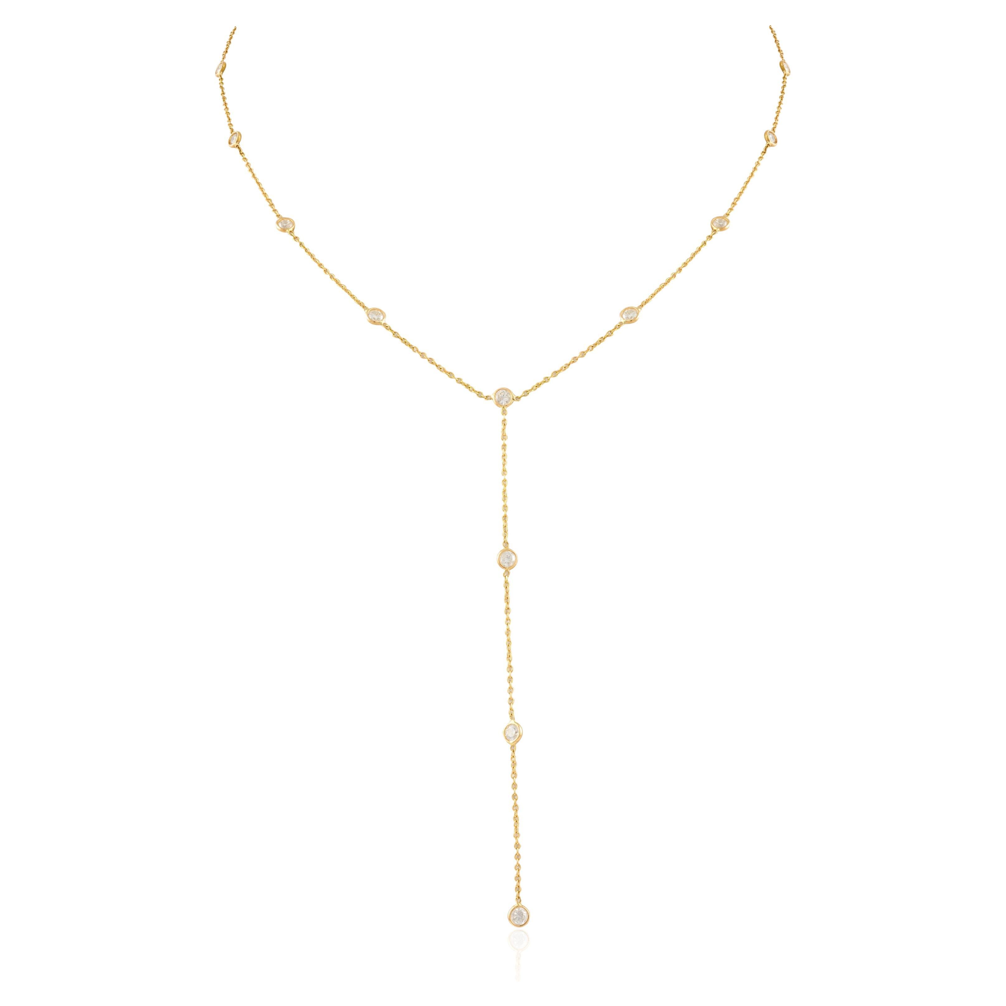 18kt Solid Yellow Gold 1 CTW Diamond Lariat Necklace, Gift For Her Christmas For Sale