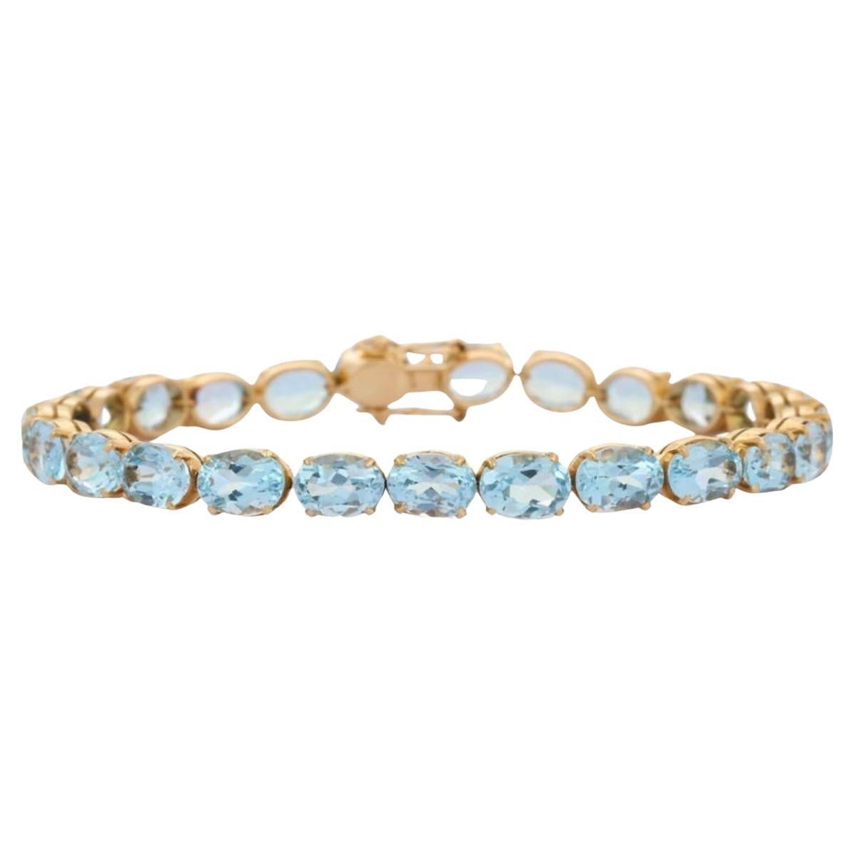 18kt Solid Yellow Gold 28.5 Carats Faceted Blue Topaz Gemstone Tennis Bracelet