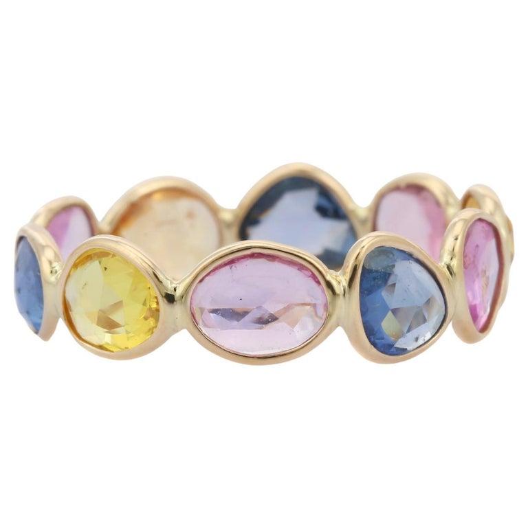 18kt Solid Yellow Gold Uneven Multi Sapphire Eternity Band Ring 6