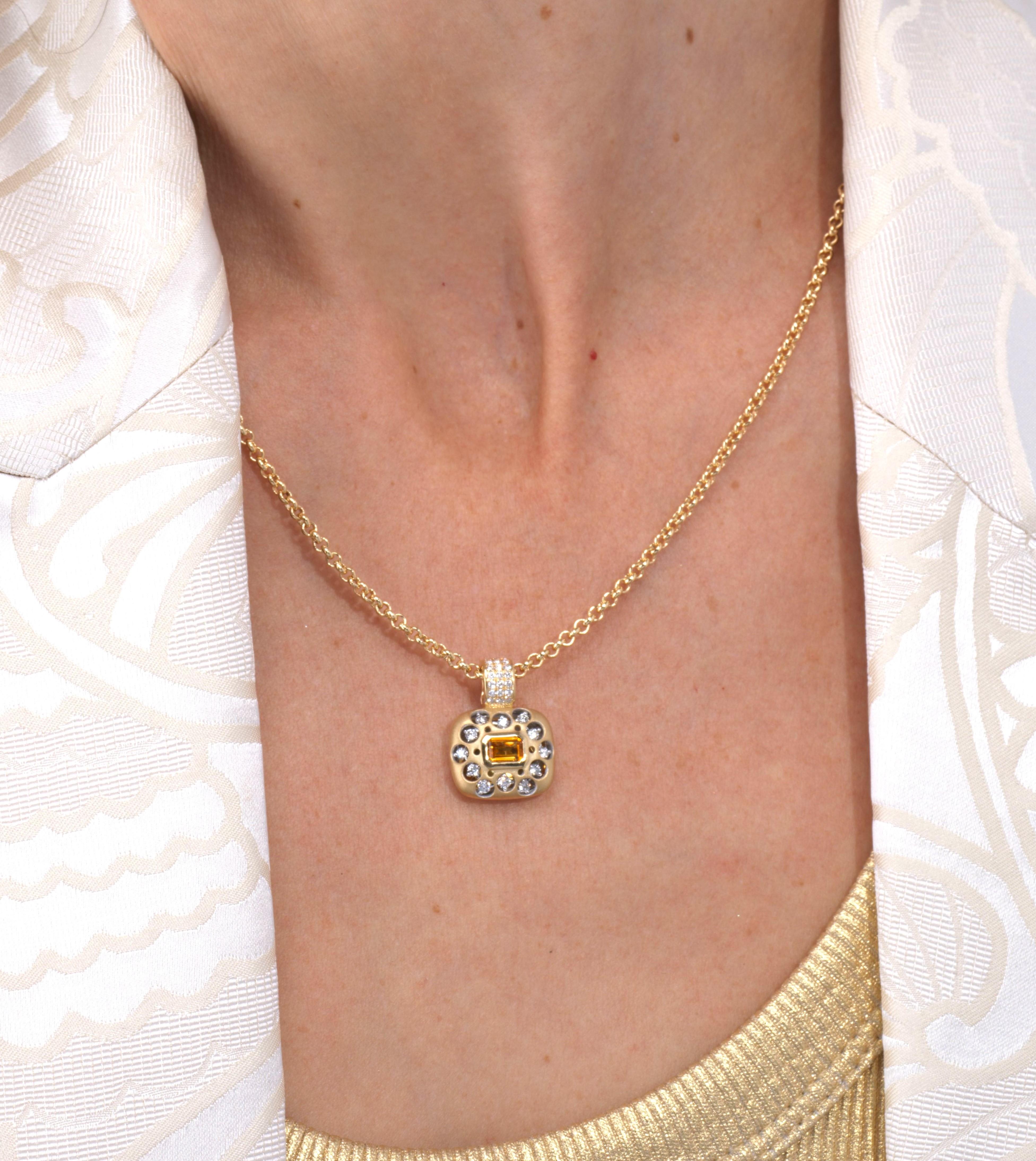 Contemporary 18kt. Square Splash of Color Diamond Citrine pendant on a chain For Sale