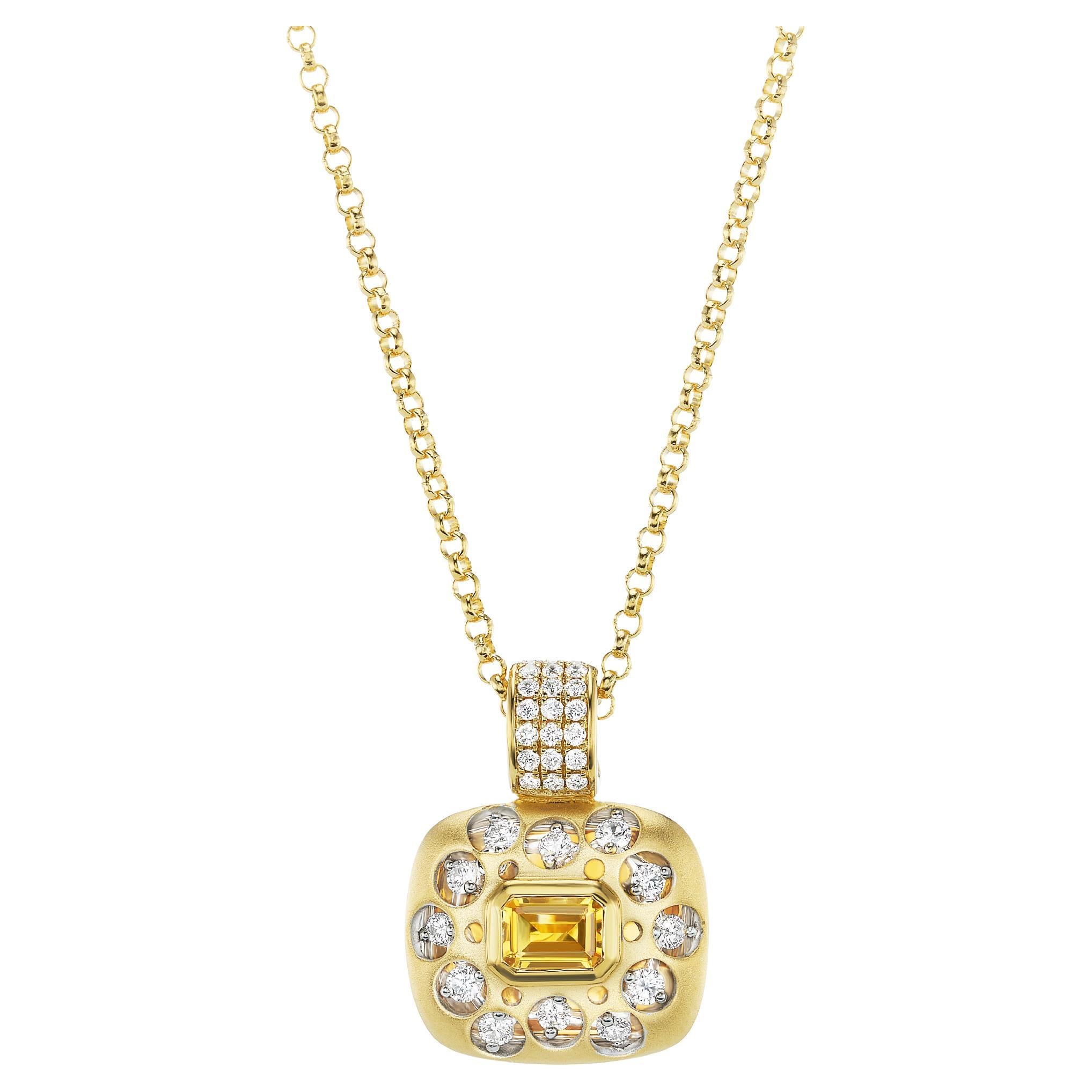 18kt. Square Splash of Color Diamond Citrine pendant on a chain