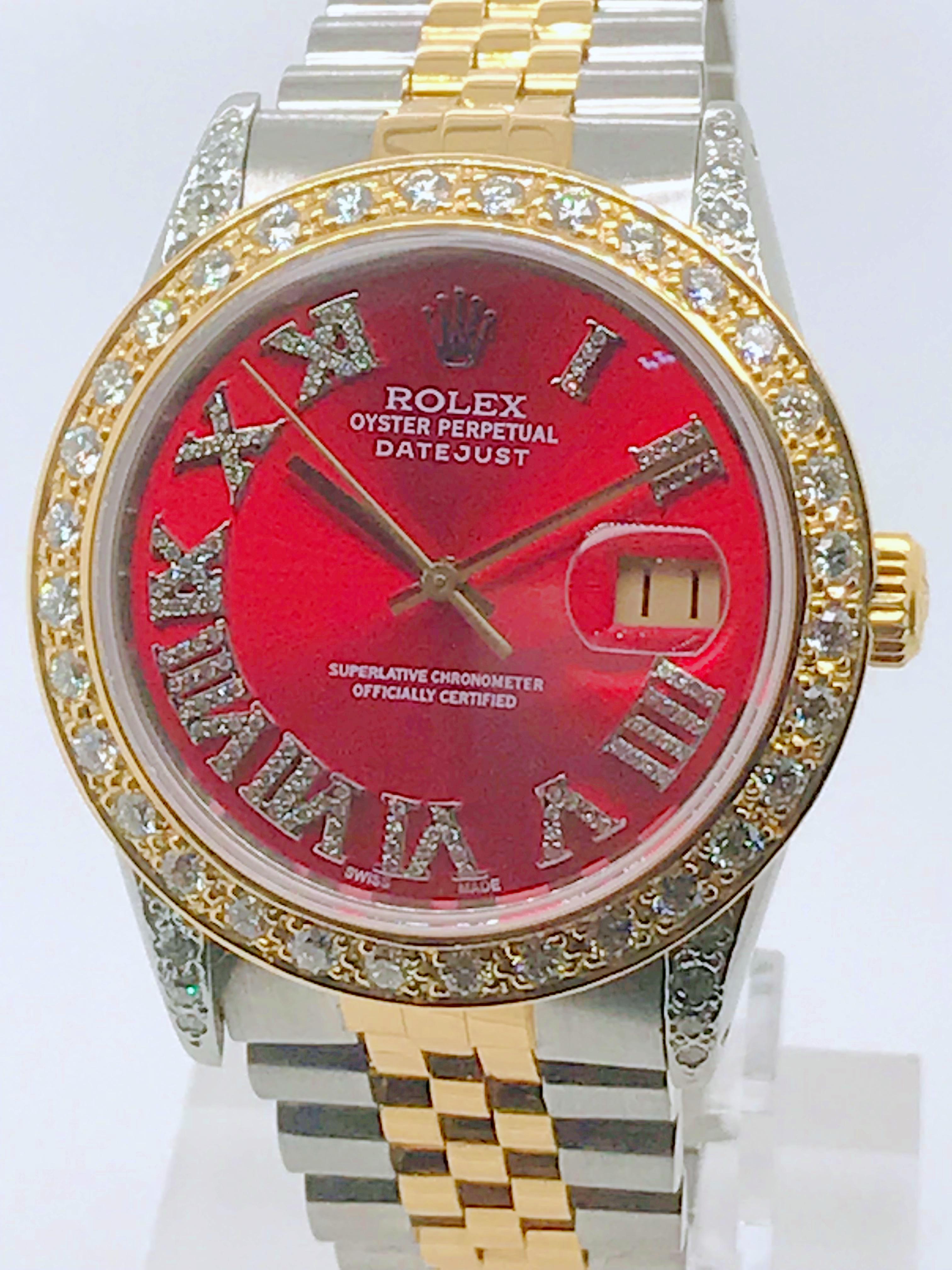 This 18 karat yellow gold and stainless steel Rolex is 36mm is on a Jubilee style link bracelet and features diamond accents on the dial, bezel, and lugs. Circa 1985

This timepiece has recently been serviced by a Rolex Certified Watchmaker.
