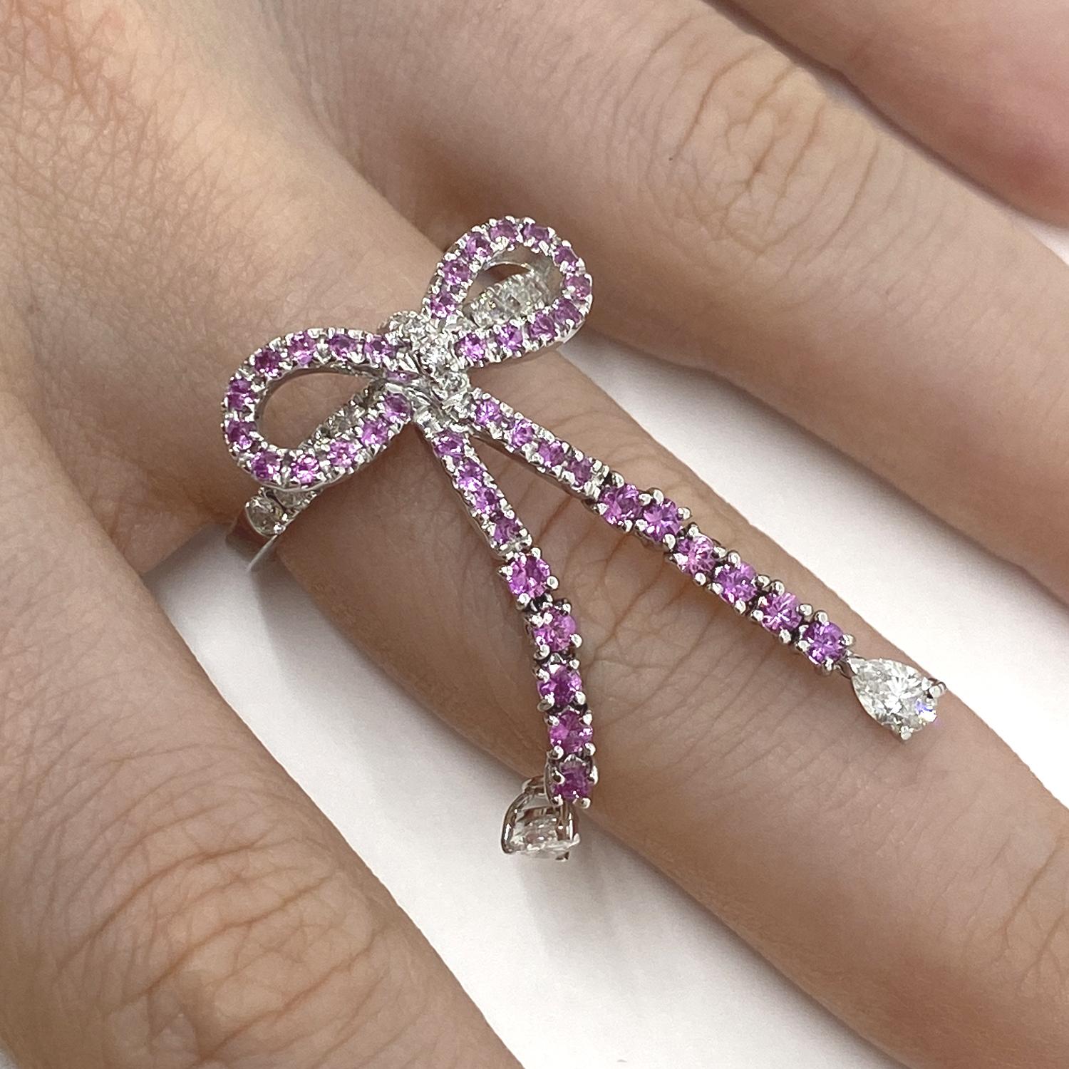Brilliant Cut 18kt Staurino Ribbon Bow Ring Pink Sapphires 0.92 Carat White Diamonds 0.97ct For Sale