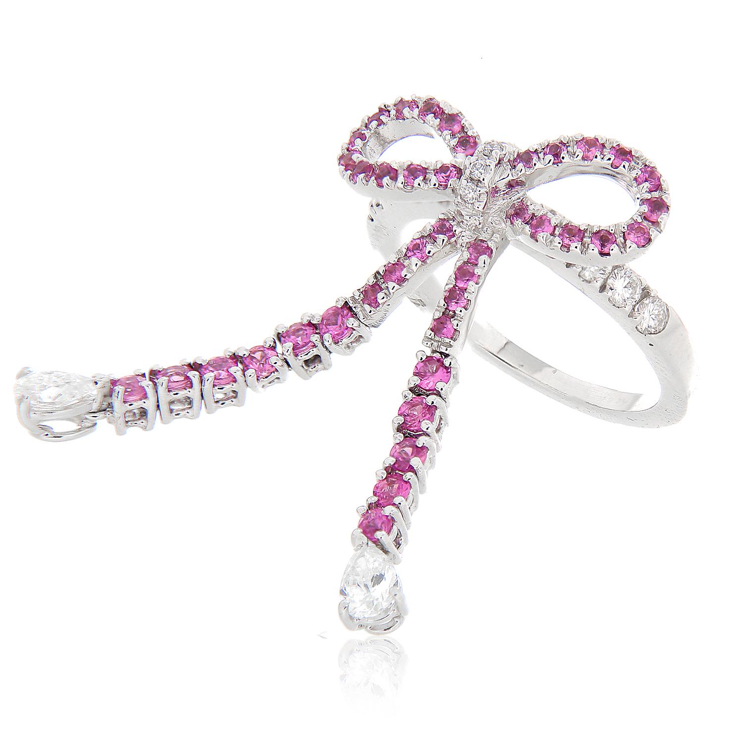 18kt Staurino Ribbon Bow Ring Pink Sapphires 0.92 Carat White Diamonds 0.97ct In New Condition For Sale In Bergamo, BG