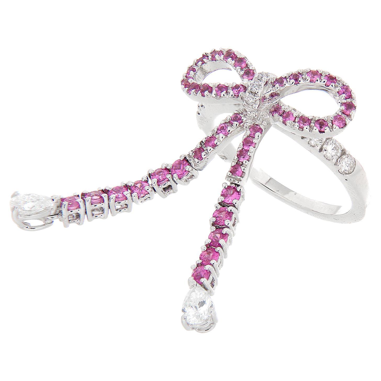 18kt Staurino Ribbon Bow Ring Pink Sapphires 0.92 Carat White Diamonds 0.97ct