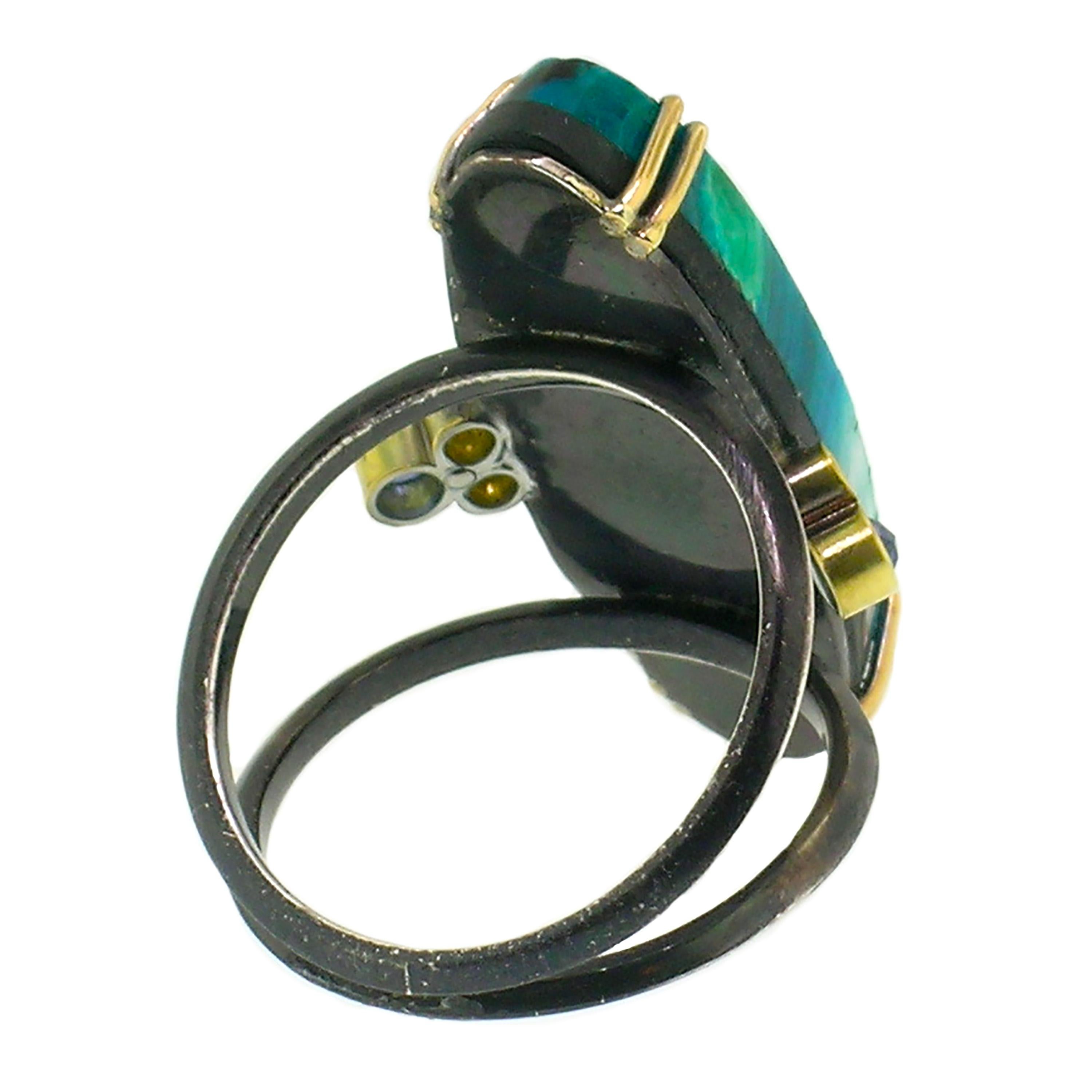 Contemporary 18kt & Sterling Shield Ring with Malchite & Chrysocolla by Cynthia Scott For Sale