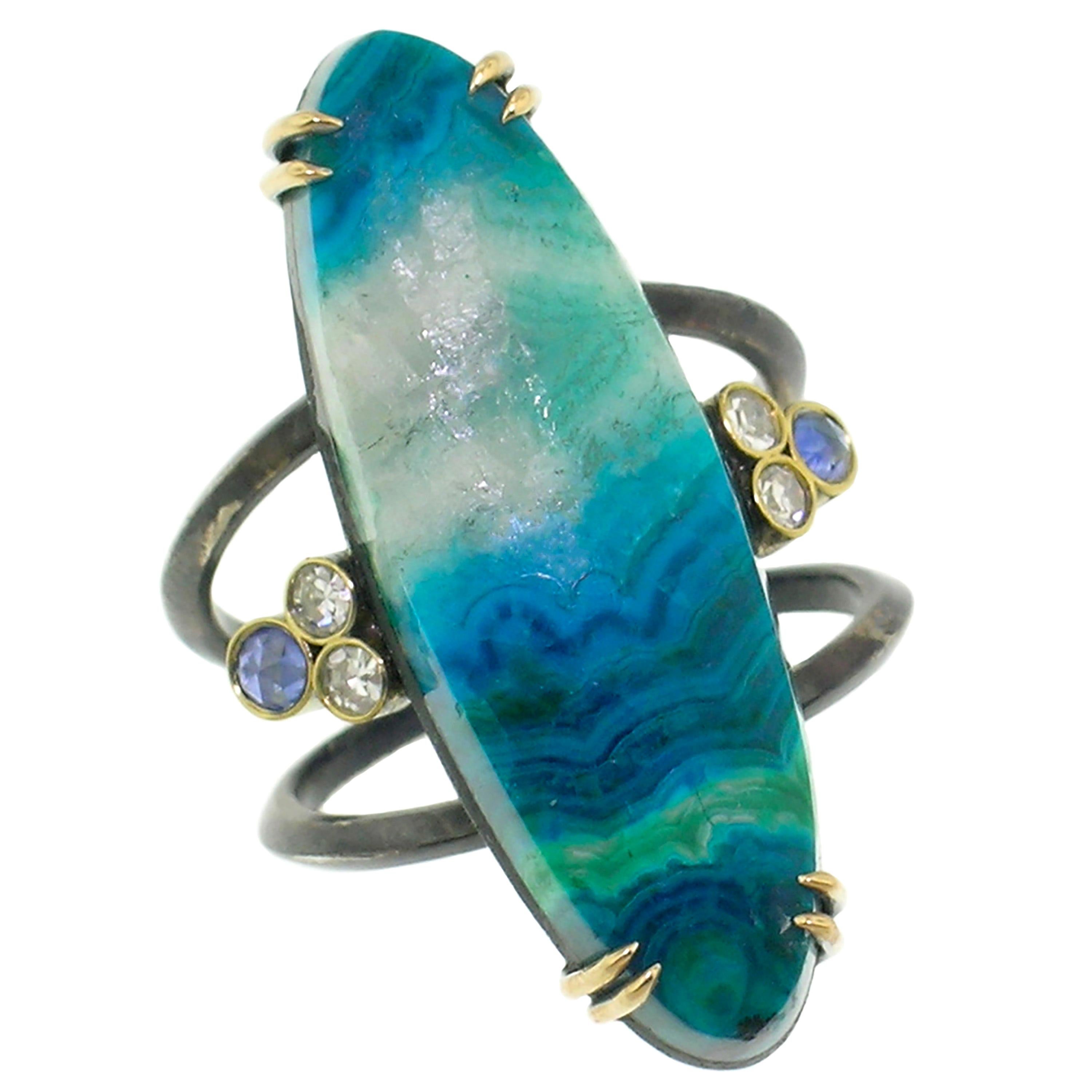 18kt & Sterling Schildkrötenring mit Malchit und Chrysocolla von Cynthia Scott