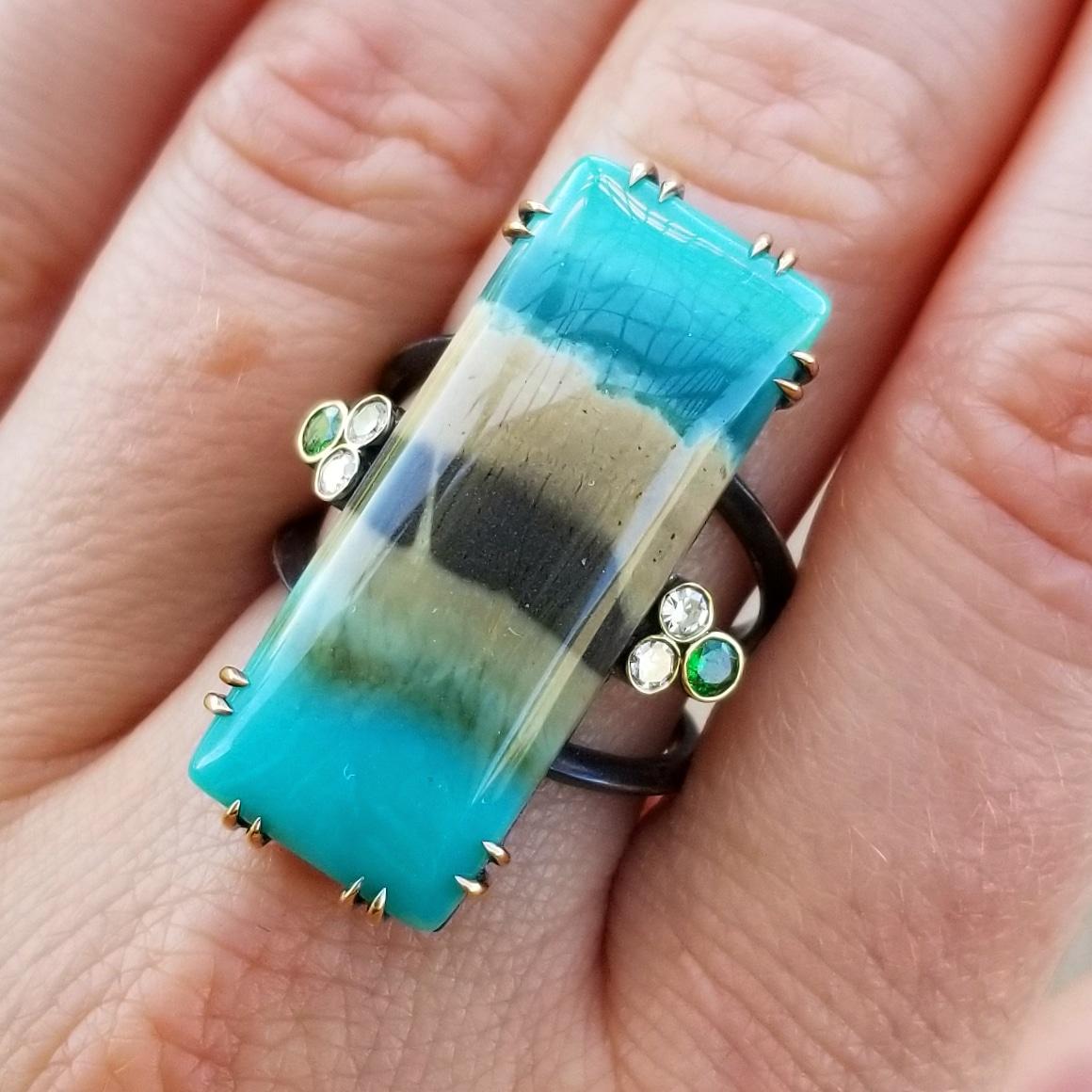 Round Cut 18kt & Sterling Shield Ring with Opalised Fossil Wood by Cynthia Scott For Sale