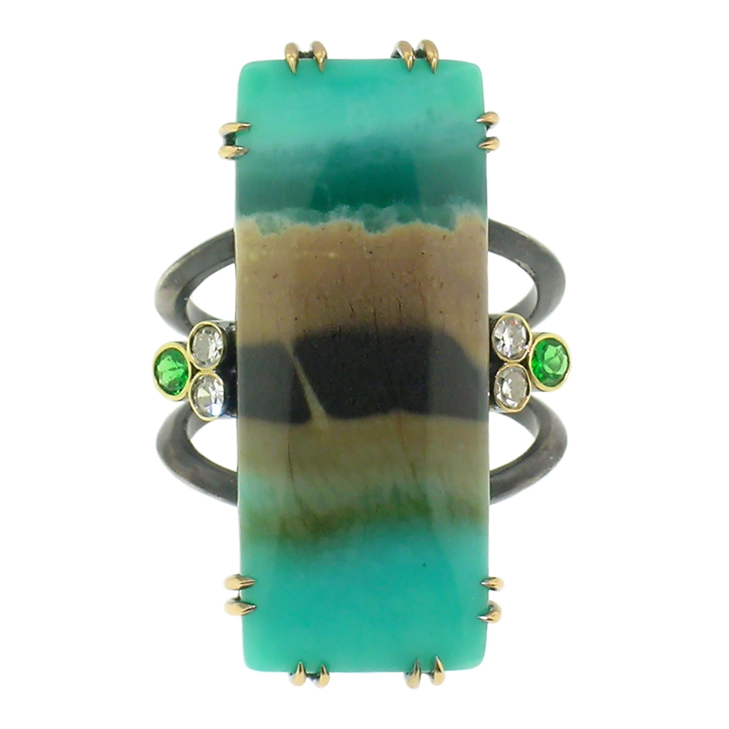 This Shield Ring features a gorgeous specimen of Opalized Fossil Wood from Indonesia, chosen for its reference to sea and sand. The center gemstone is flanked by emeralds and diamonds. 

Shield Rings are each designed as a personal totem...a