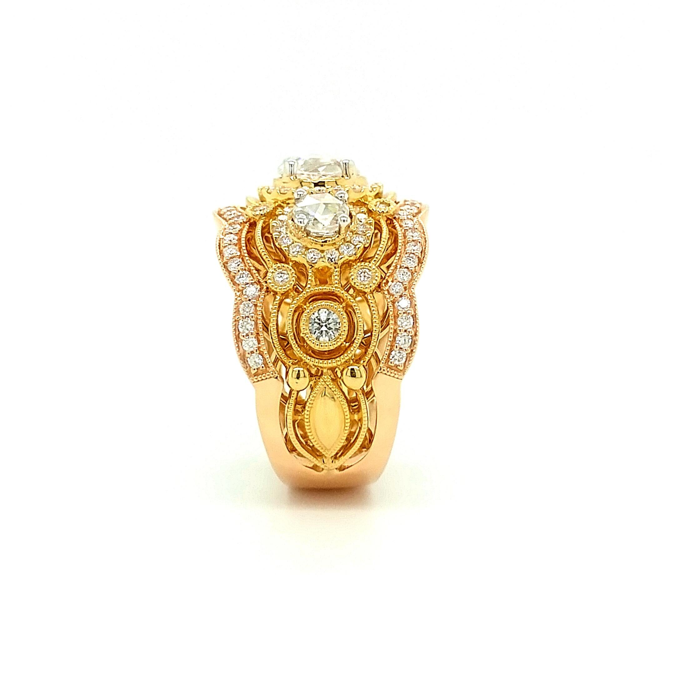 Mixed Cut 18Kt Tri Color Gold 1.89 Carat Round Brilliant & Rose Cut Diamond Cocktail Ring For Sale