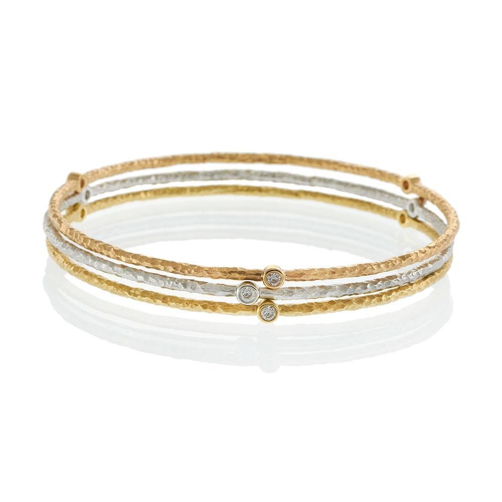 Modern 18KT Tri-Color Gold Diamond Bangle Set For Sale