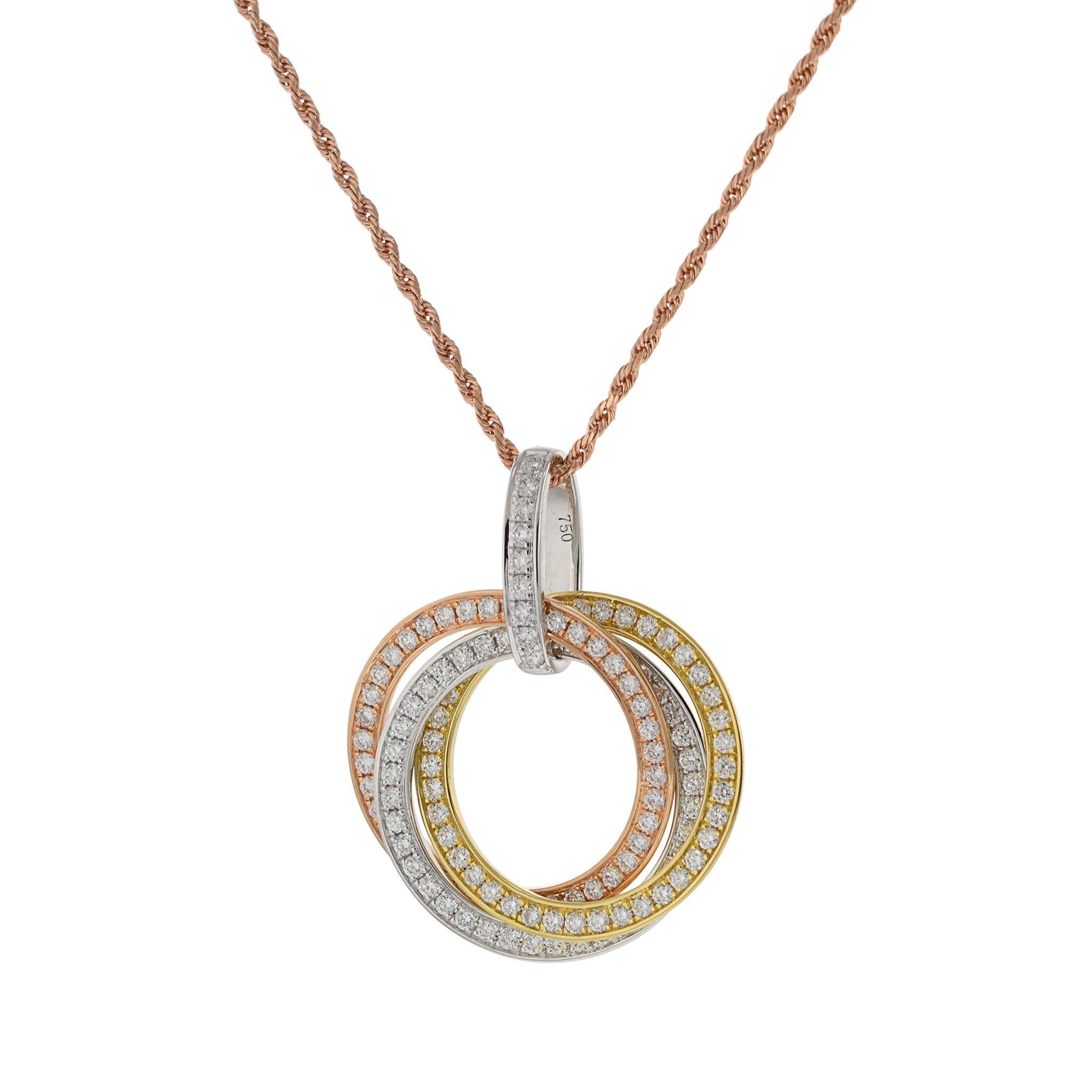 Modern 18KT Tri-Color Gold Interlocking Triple Circle Diamond Pendant with Chain For Sale
