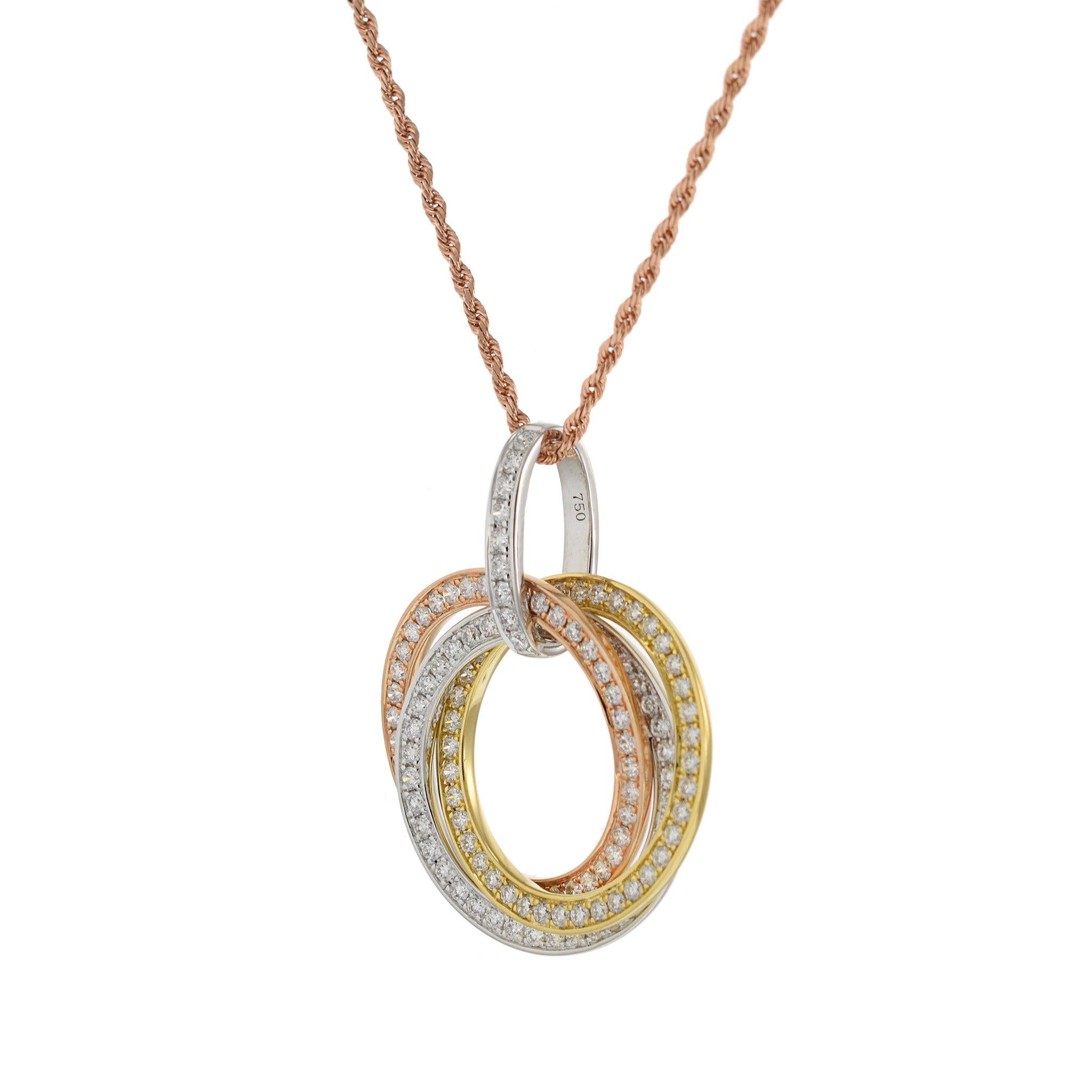 Round Cut 18KT Tri-Color Gold Interlocking Triple Circle Diamond Pendant with Chain For Sale
