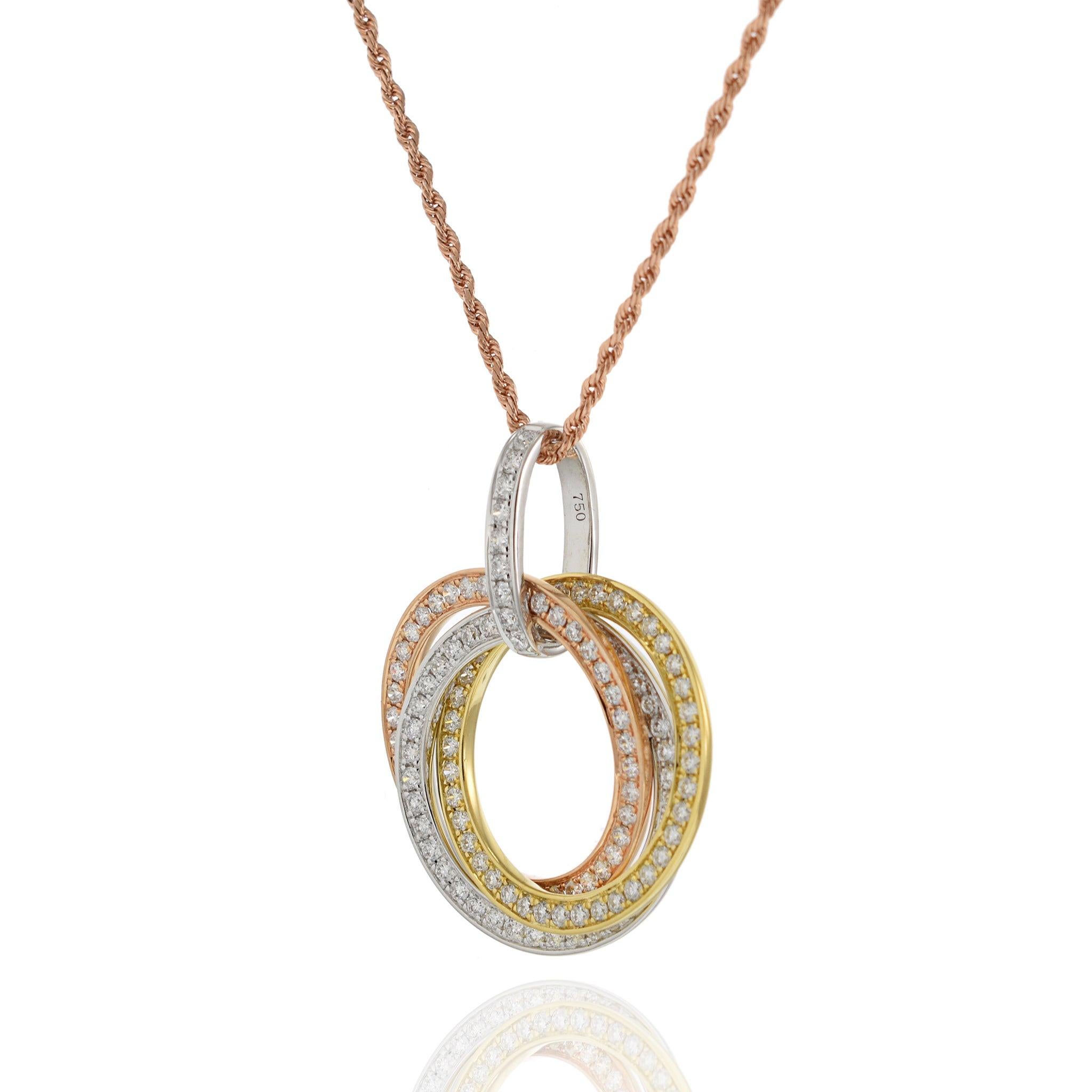 18KT Tri-Color Gold Interlocking Triple Circle Diamond Pendant with Chain In New Condition For Sale In New York, NY