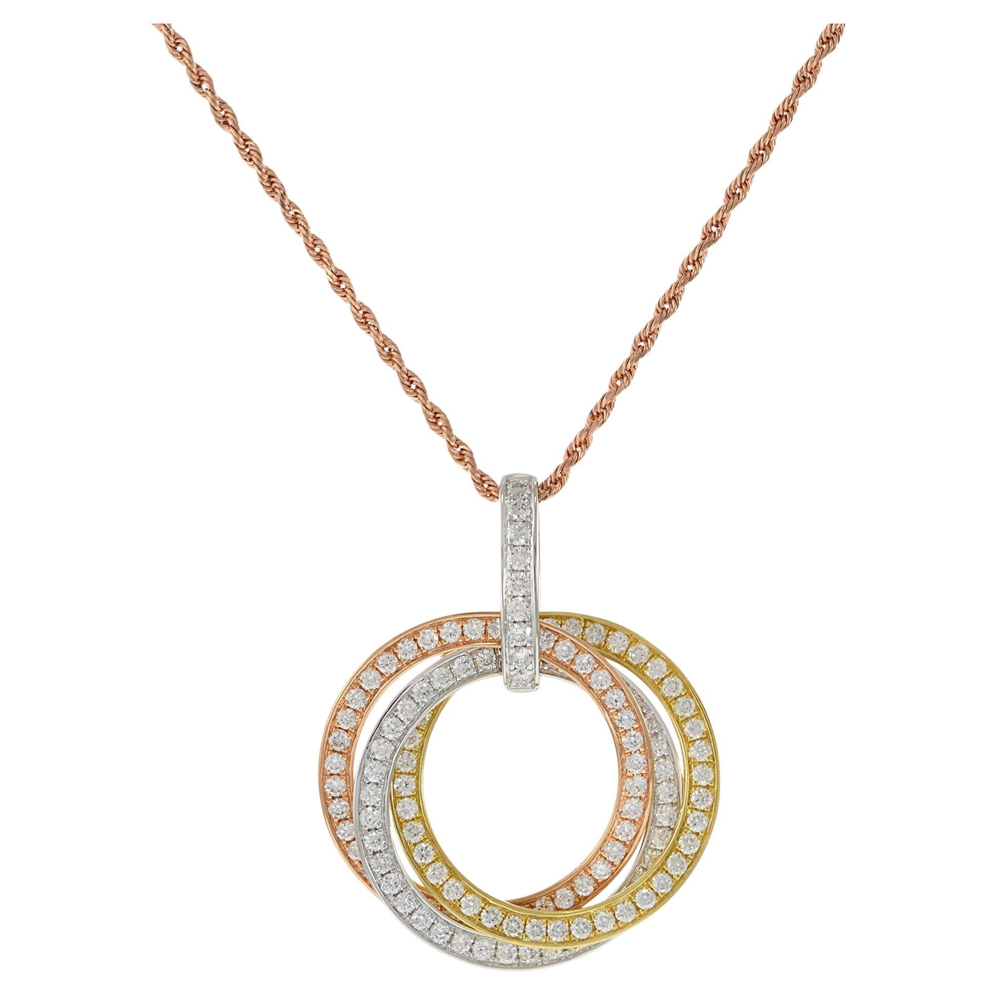18KT Tri-Color Gold Interlocking Triple Circle Diamond Pendant with Chain For Sale