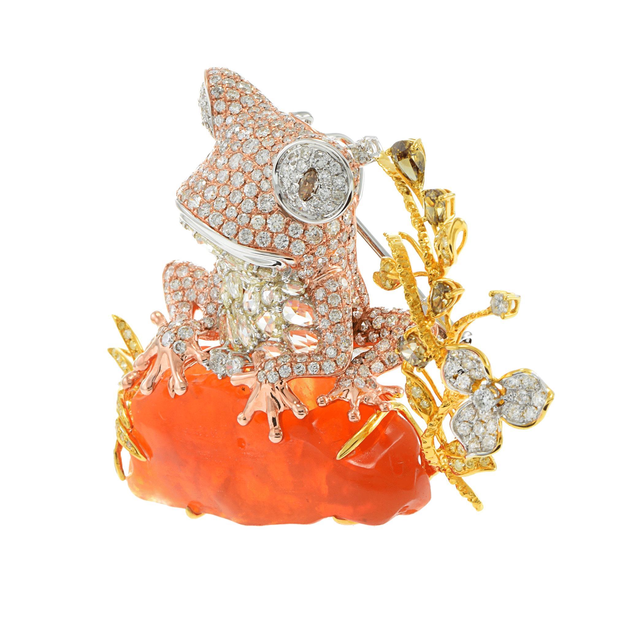 Cabochon 18KT Tri-Color Gold Opal and Diamond Frog Brooch For Sale