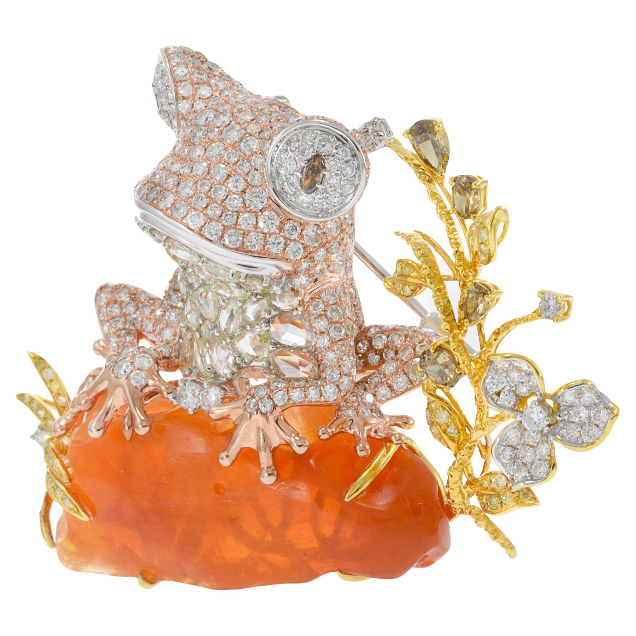 18KT Tri-Color Gold Opal and Diamond Frog Brooch