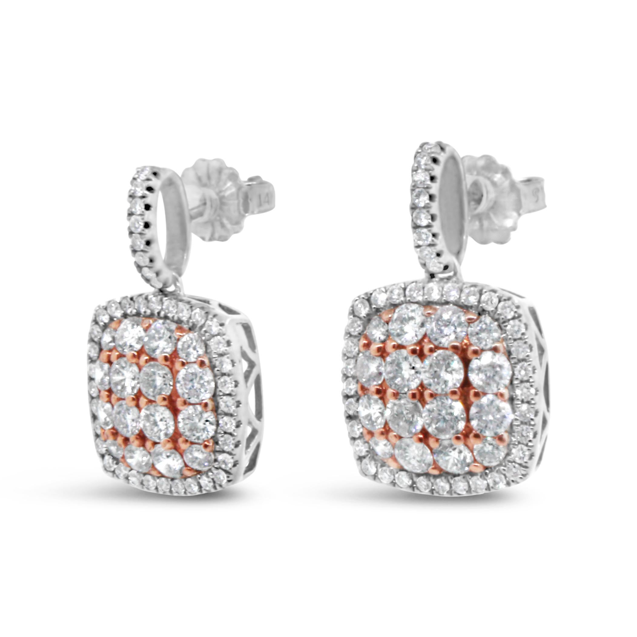 Round Cut 18kt Two-tone Gold Diamond Cluster Earrings For Sale