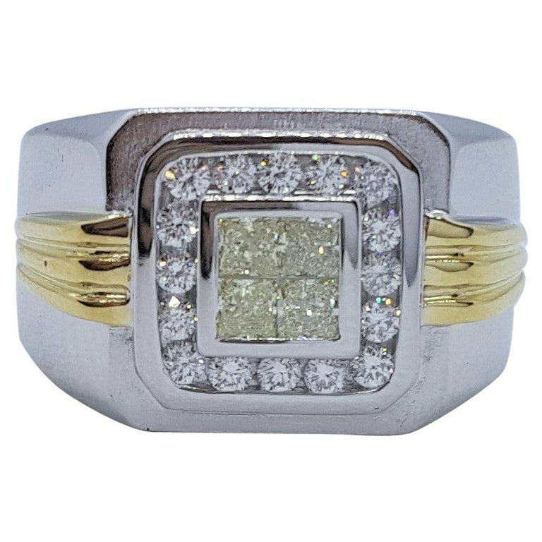 18kt Two-Tone Gold Invisible Diamond Mens Ring, .75cttw For Sale