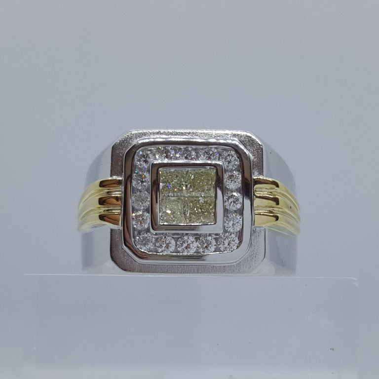 Modern 18kt Two-Tone Gold Invisible Diamond Mens Ring, .75cttw For Sale